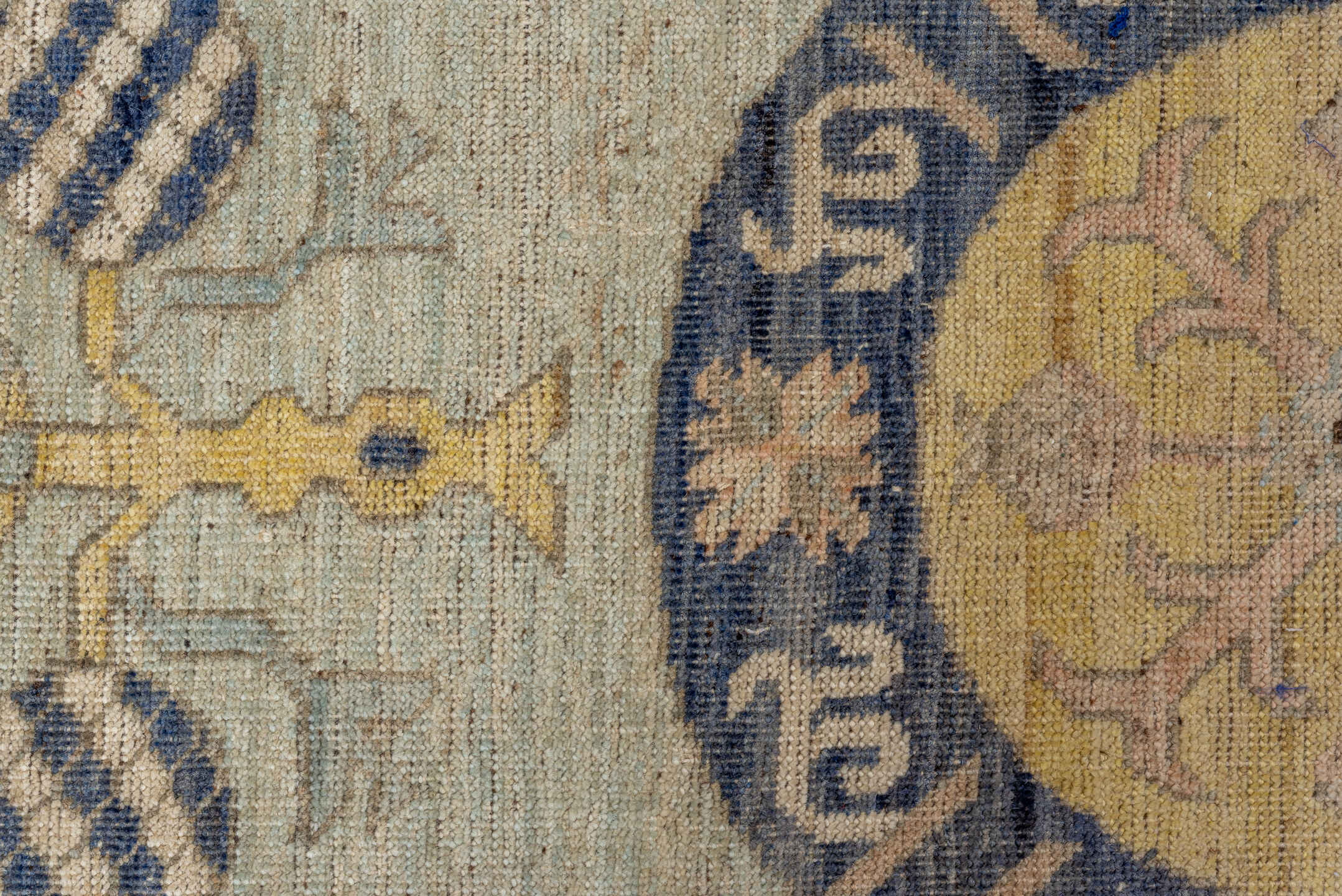 10' x 14' one-of-a-kind handmade vintage Khotan large size rug. Color palette: pale blue, ivory, navy, blush, beige, gold