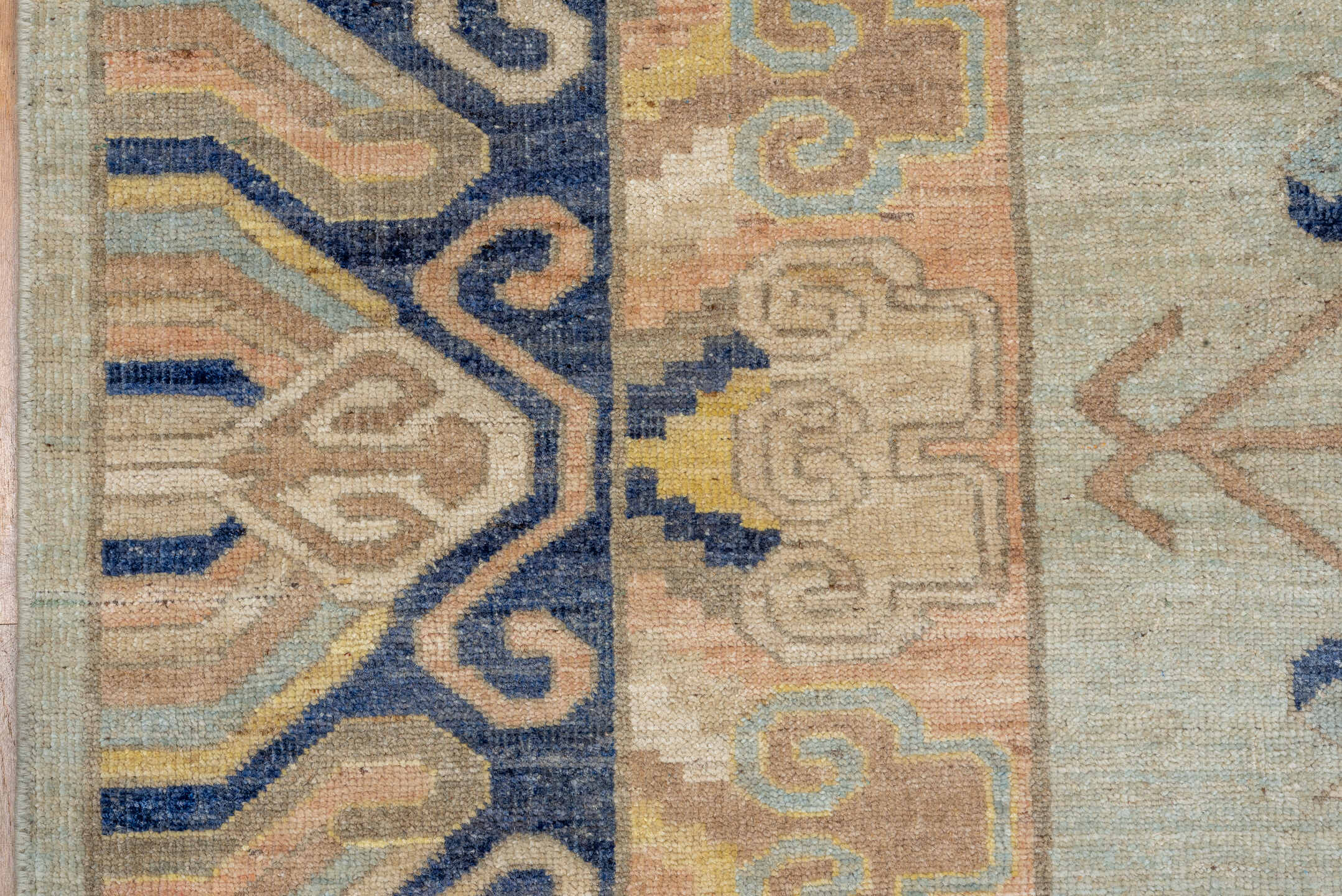 10' x 14' one-of-a-kind handmade vintage Khotan large size rug. Color palette: pale blue, ivory, navy, blush, beige, gold