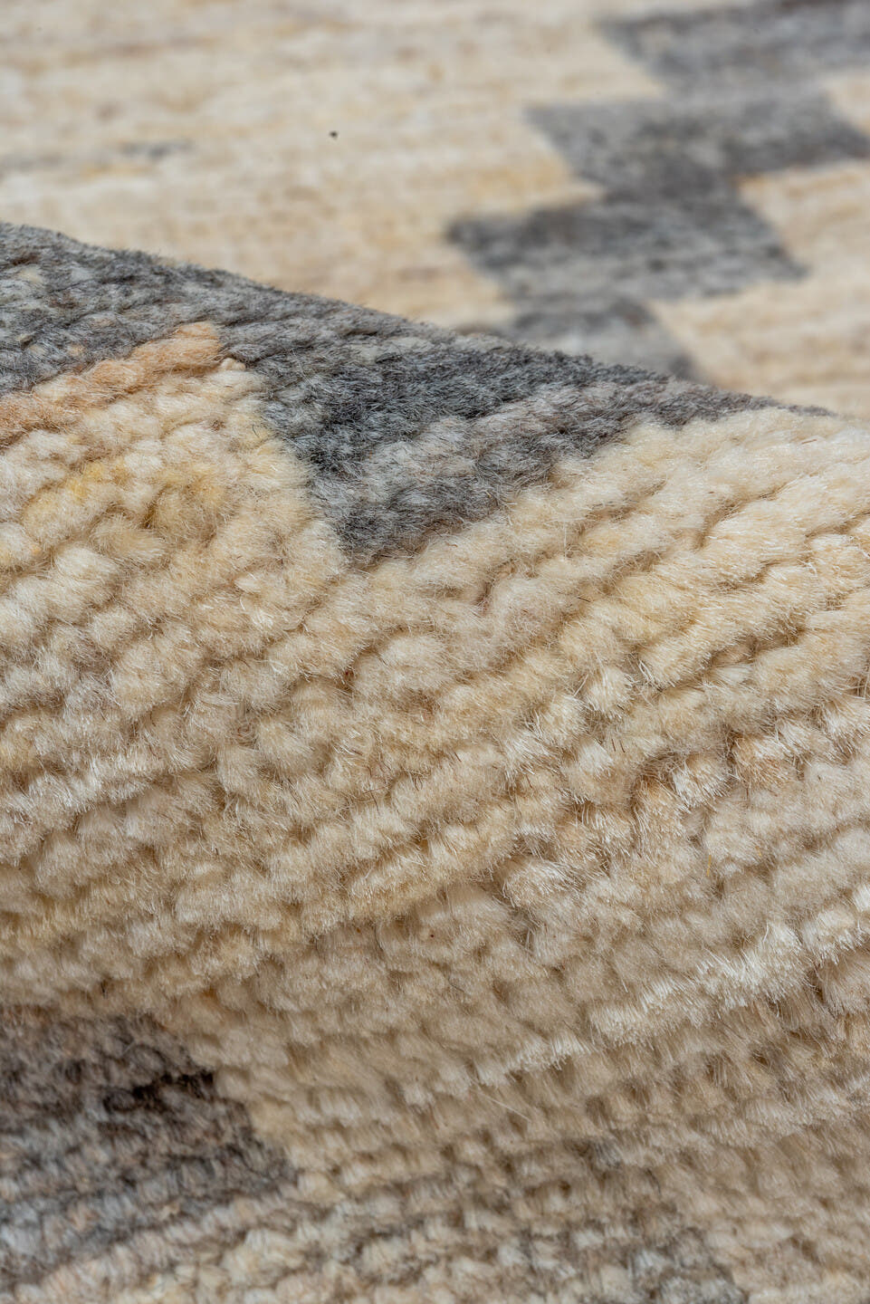 8' x 9' one-of-a-kind handmade vintage Afghan rug. Color palette: ivory, gray, charcoal, cream, taupe, black, beige
