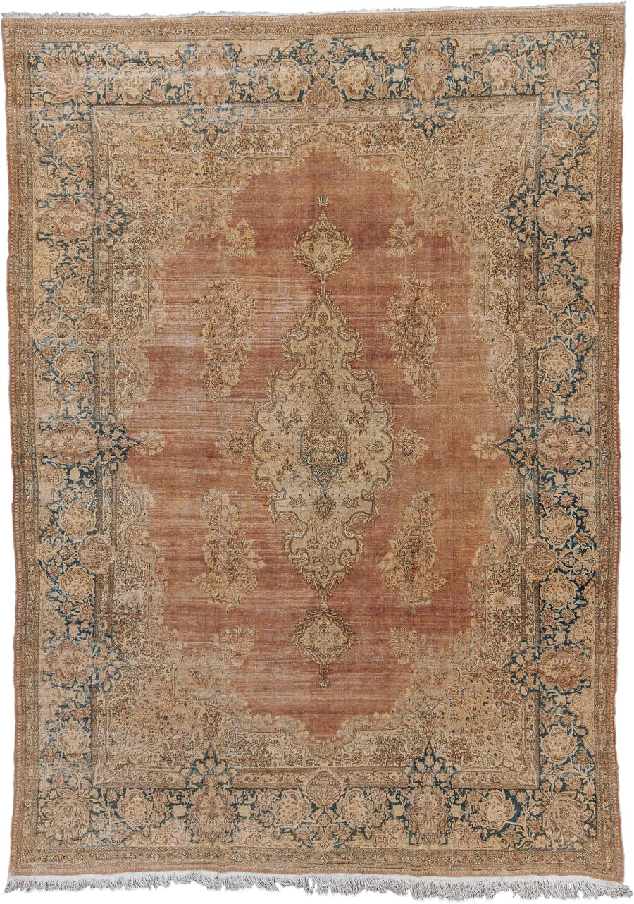 8' x 11' one-of-a-kind handmade antique Kerman large size rug. Color palette: rose, ivory, beige, navy, taupe, camel, brown
