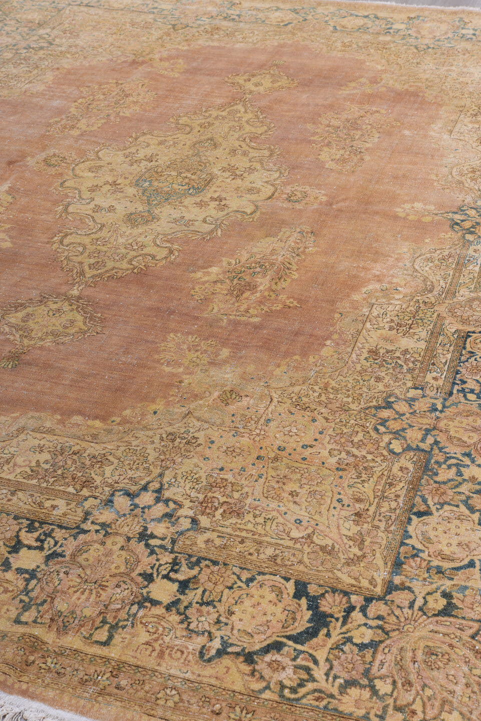 8' x 11' one-of-a-kind handmade antique Kerman large size rug. Color palette: rose, ivory, beige, navy, taupe, camel, brown