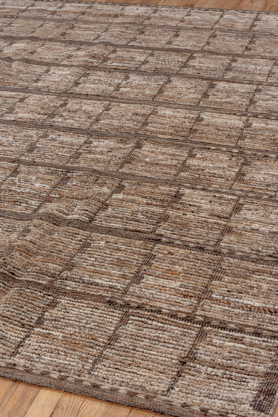 8' x 10' one-of-a-kind handmade vintage Tulu large size rug. Color palette: brown, gray, light gray, off-white, pink