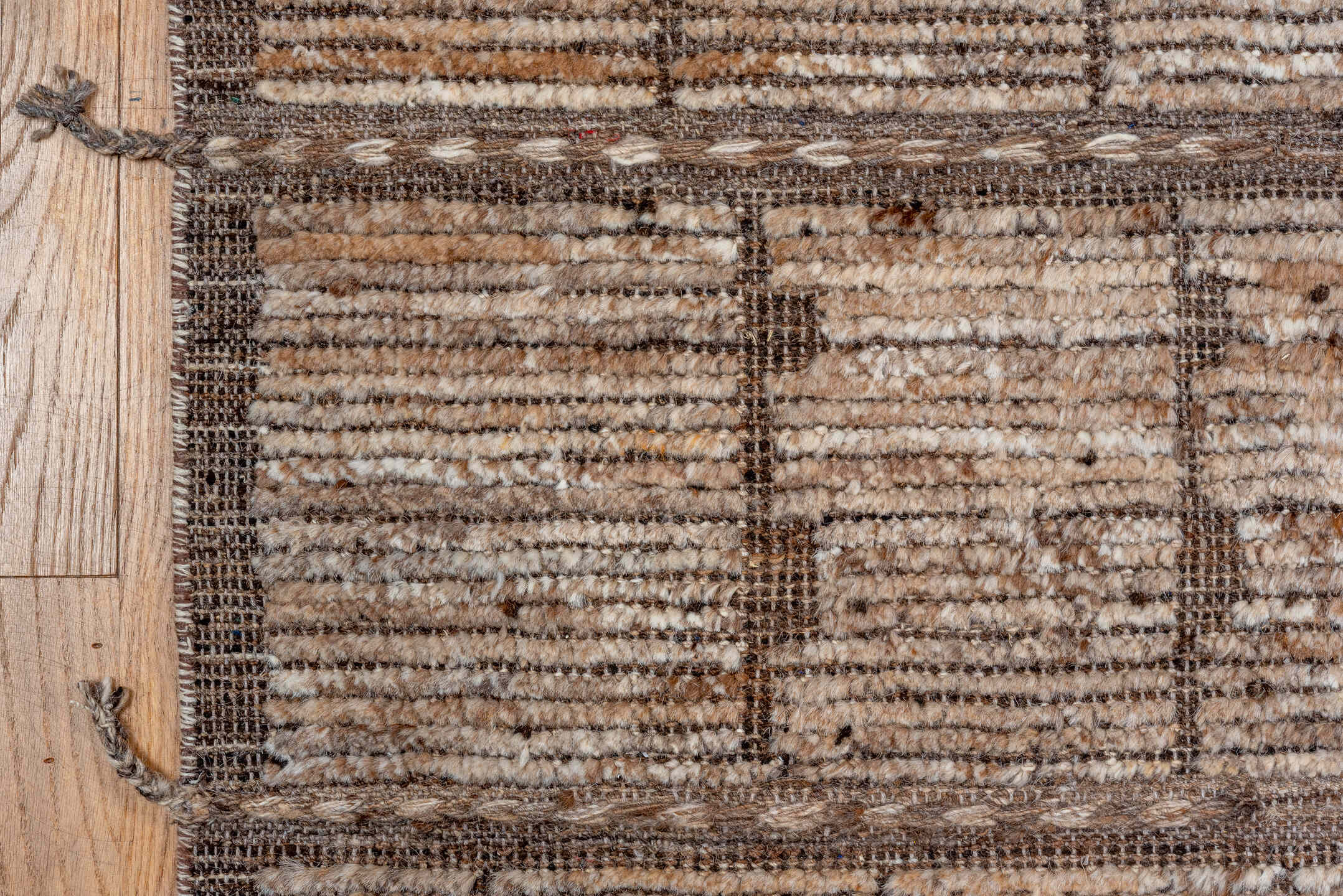 8' x 10' one-of-a-kind handmade vintage Tulu large size rug. Color palette: ivory, taupe, brown, camel, cream, beige, gray