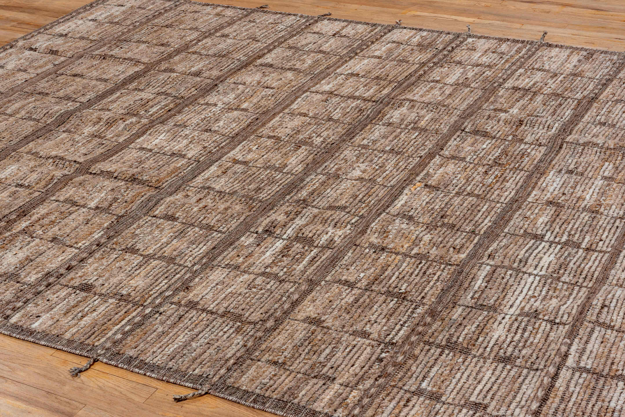 8' x 10' one-of-a-kind handmade vintage Tulu large size rug. Color palette: ivory, taupe, brown, camel, cream, beige, gray