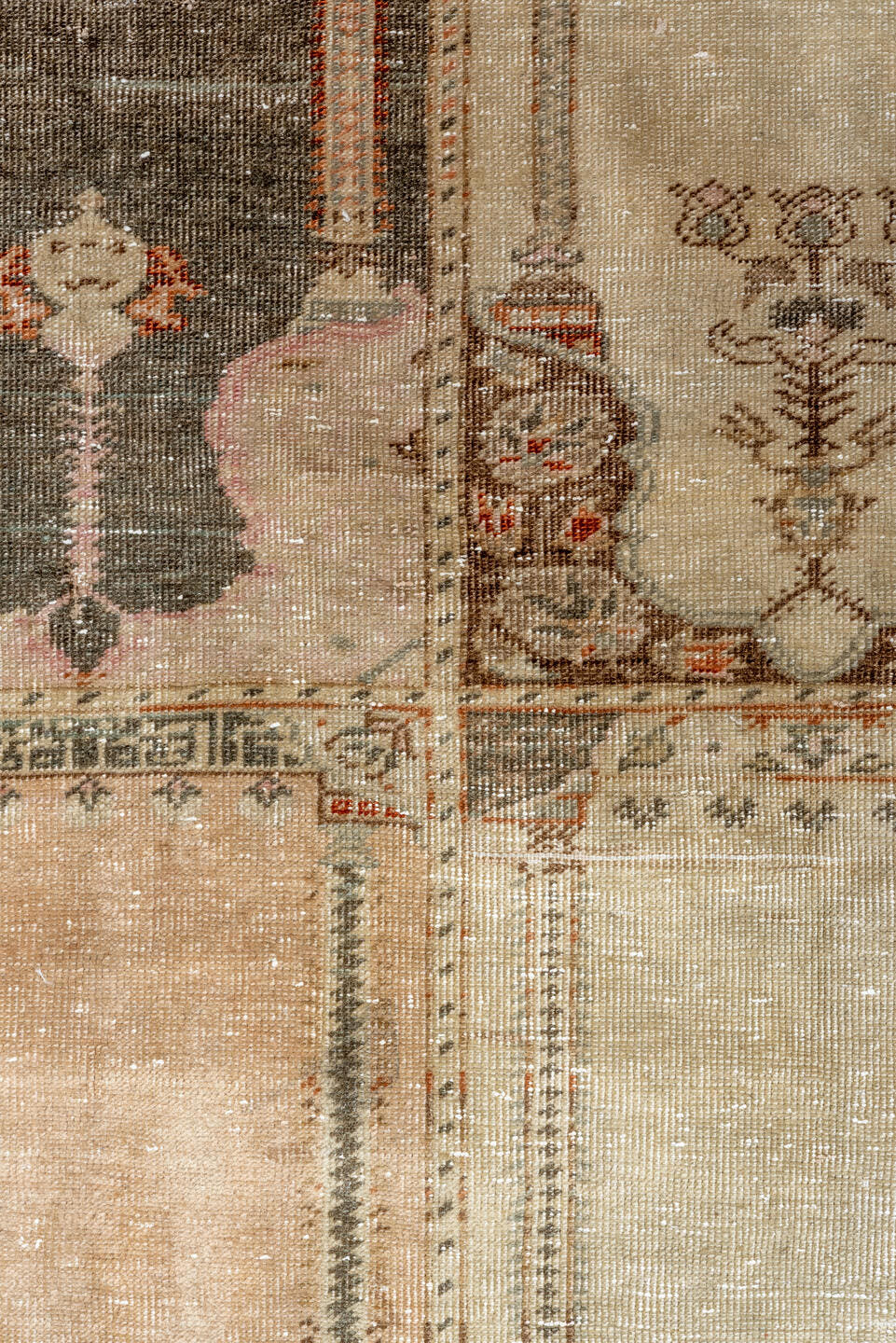 6' x 9' one-of-a-kind handmade antique Kaisary medium size rug. Color palette: ivory, cream, taupe, sage, blush, rust