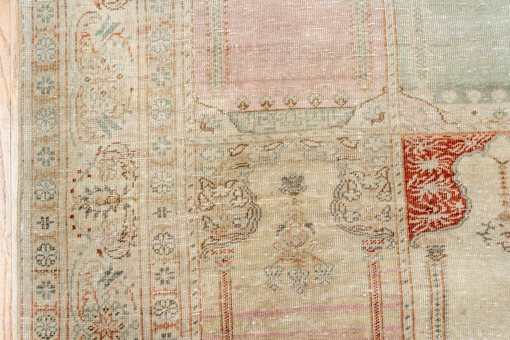 6' x 9' one-of-a-kind handmade antique Kaisary medium size rug. Color palette: ivory, cream, taupe, sage, blush, rust