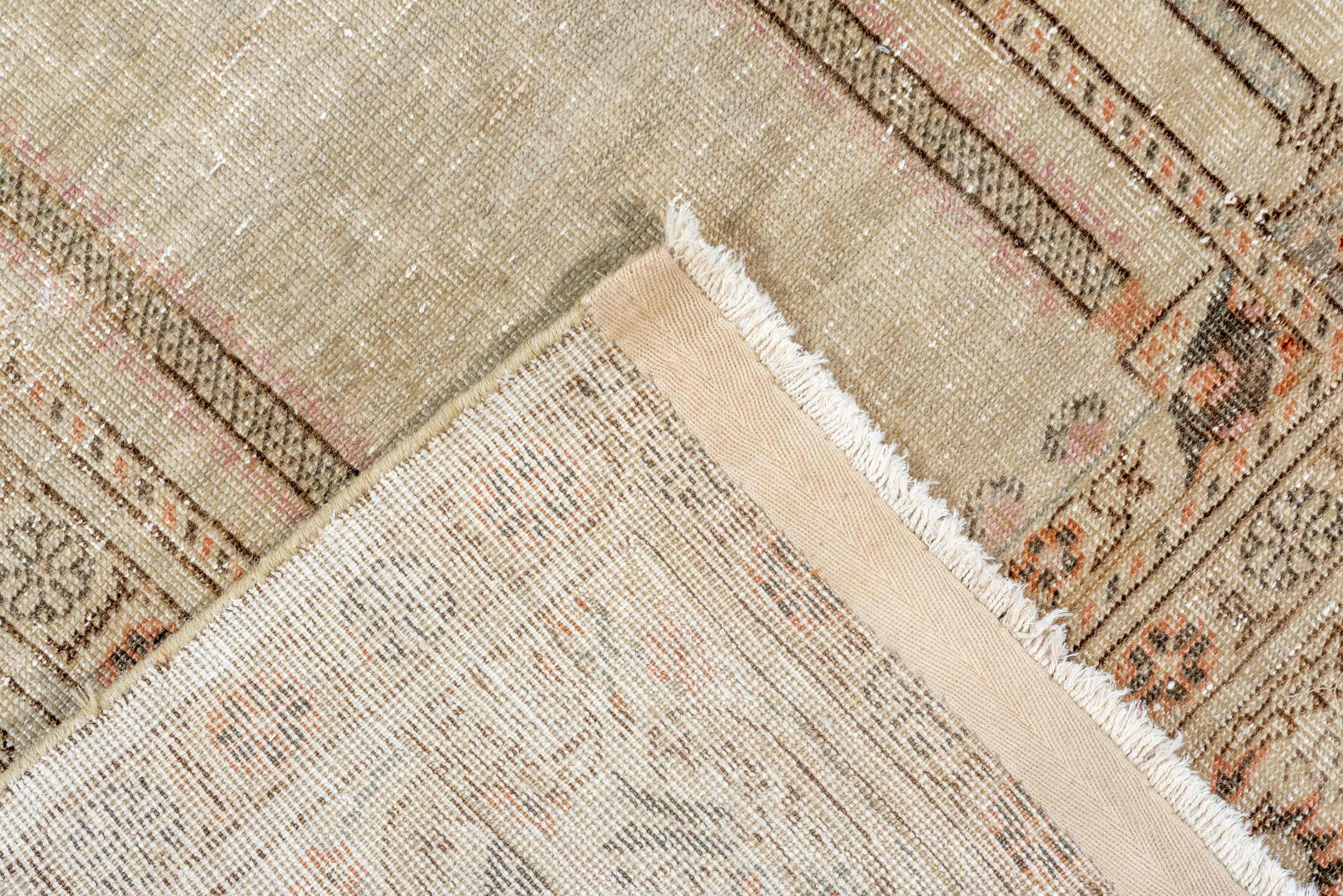 6' x 9' one-of-a-kind handmade antique Kaisary medium size rug. Color palette: ivory, cream, taupe, sage, blush, rust