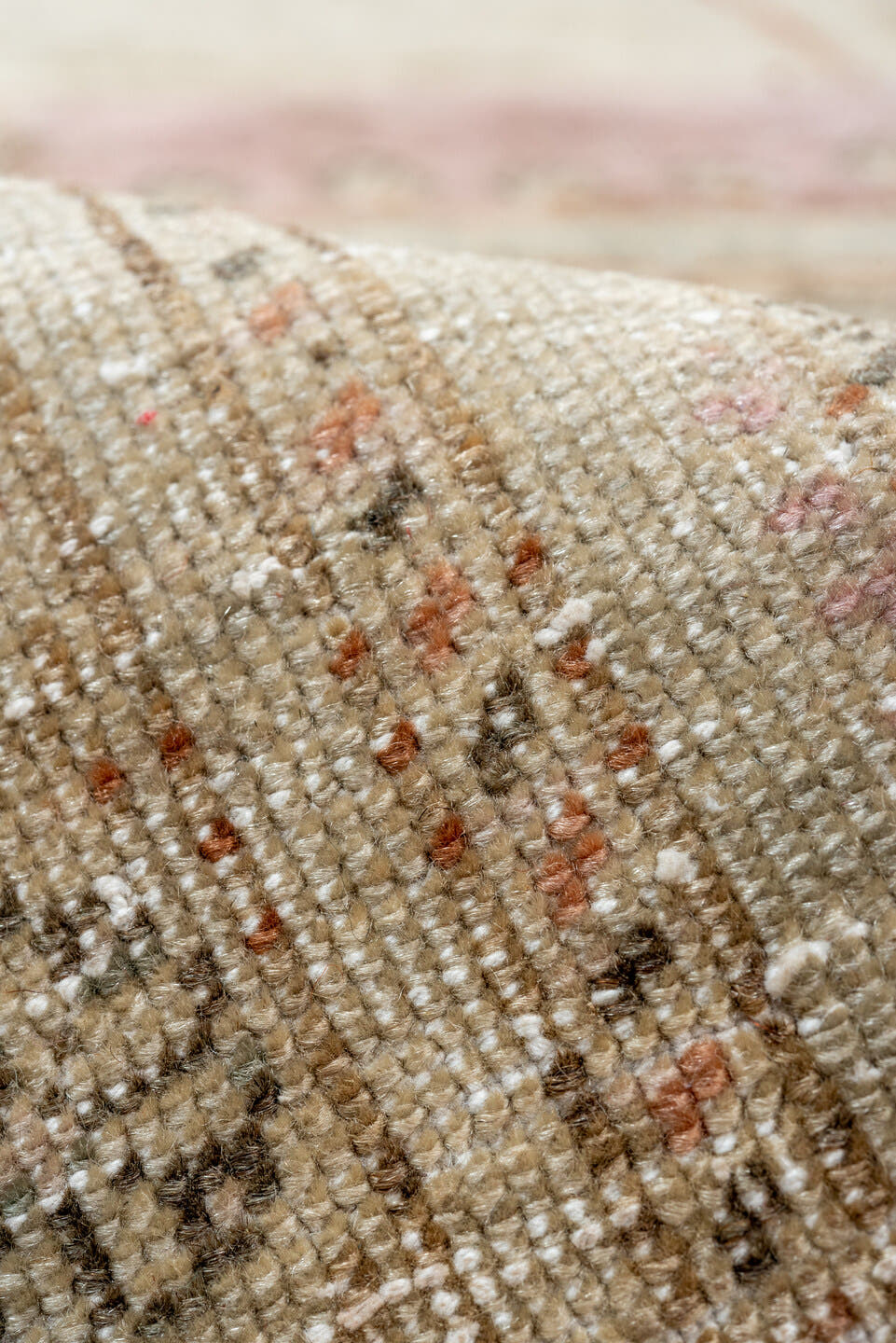 6' x 9' one-of-a-kind handmade antique Kaisary medium size rug. Color palette: ivory, cream, taupe, sage, blush, rust