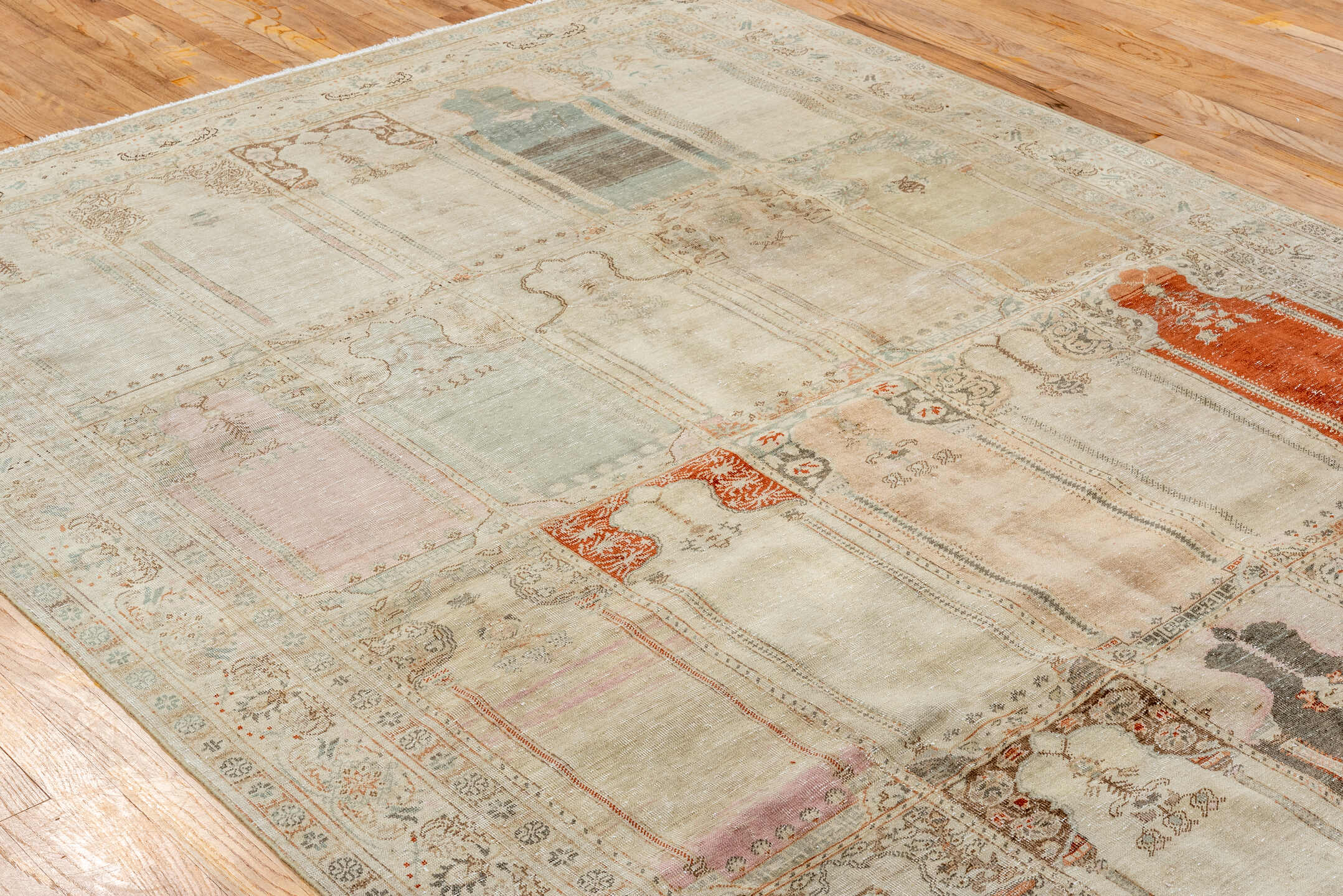 6' x 9' one-of-a-kind handmade antique Kaisary medium size rug. Color palette: ivory, cream, taupe, sage, blush, rust