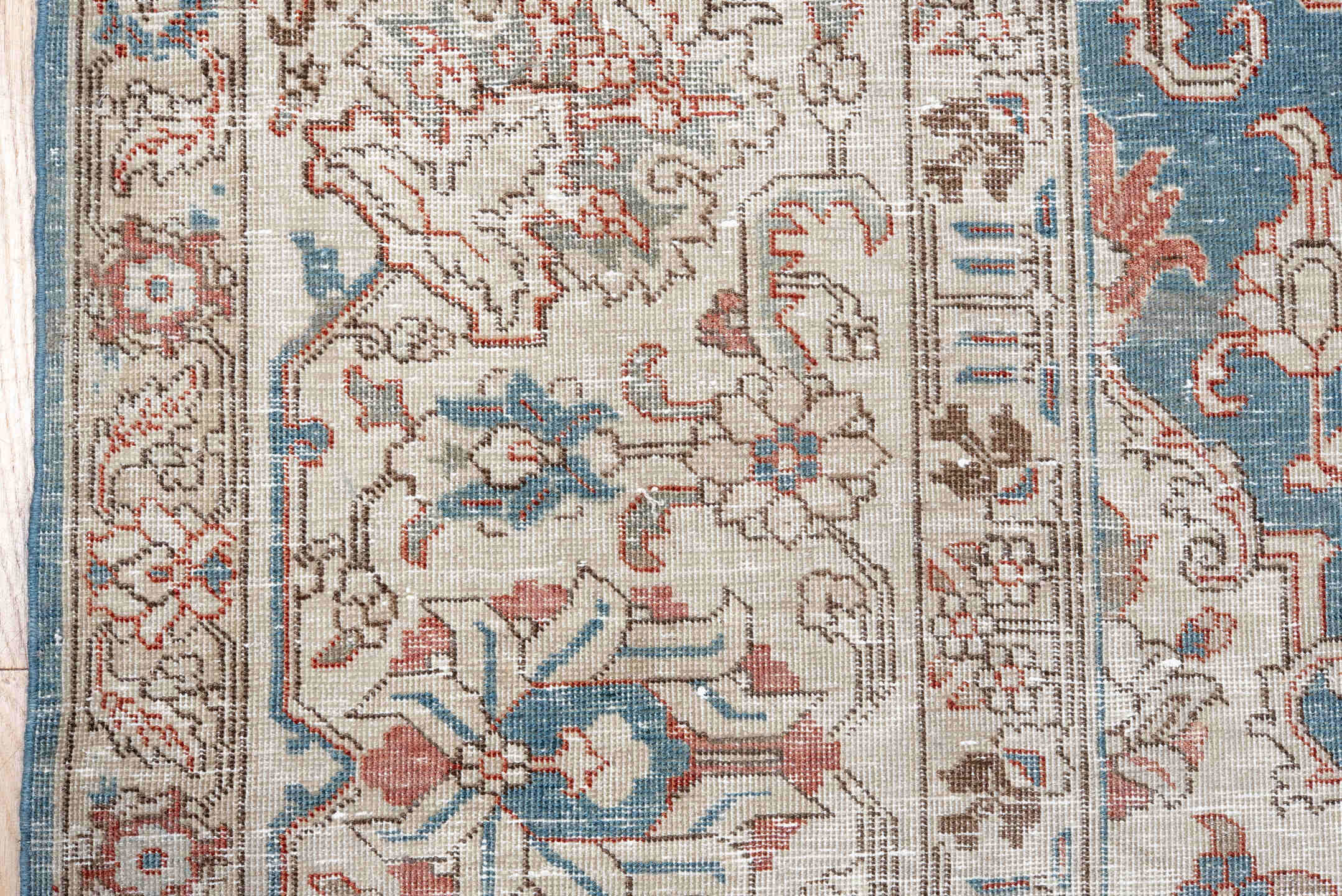 10' x 12' one-of-a-kind handmade vintage Tabriz large size rug. Color palette: ivory, teal, taupe, camel, rose, slate, brown