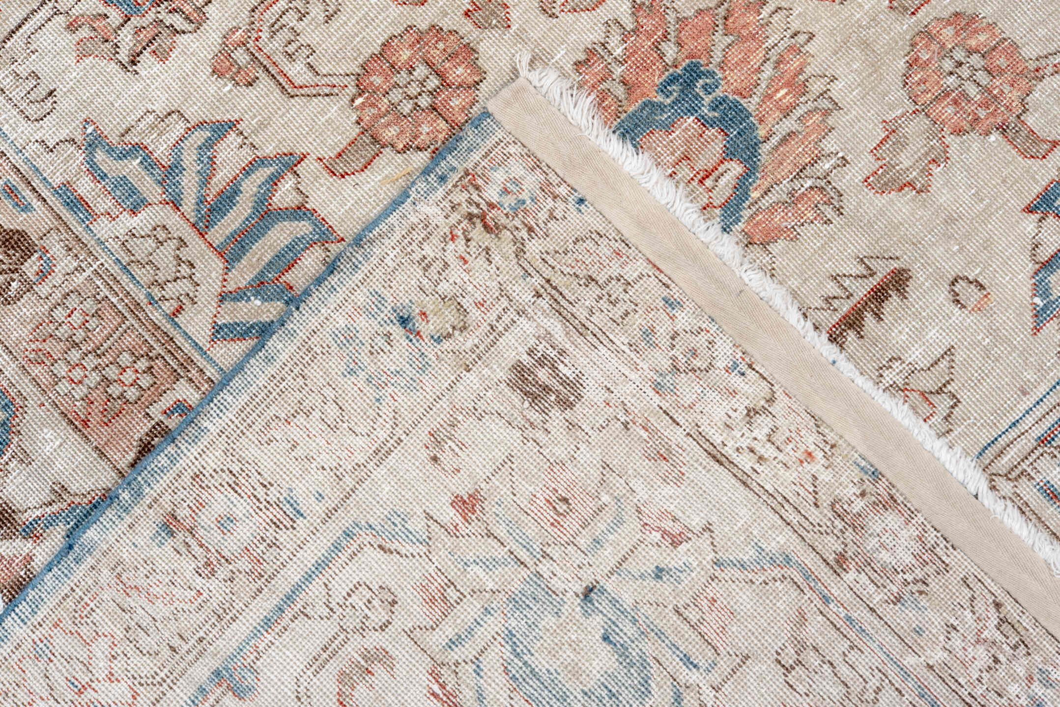 10' x 12' one-of-a-kind handmade vintage Tabriz large size rug. Color palette: ivory, teal, taupe, camel, rose, slate, brown