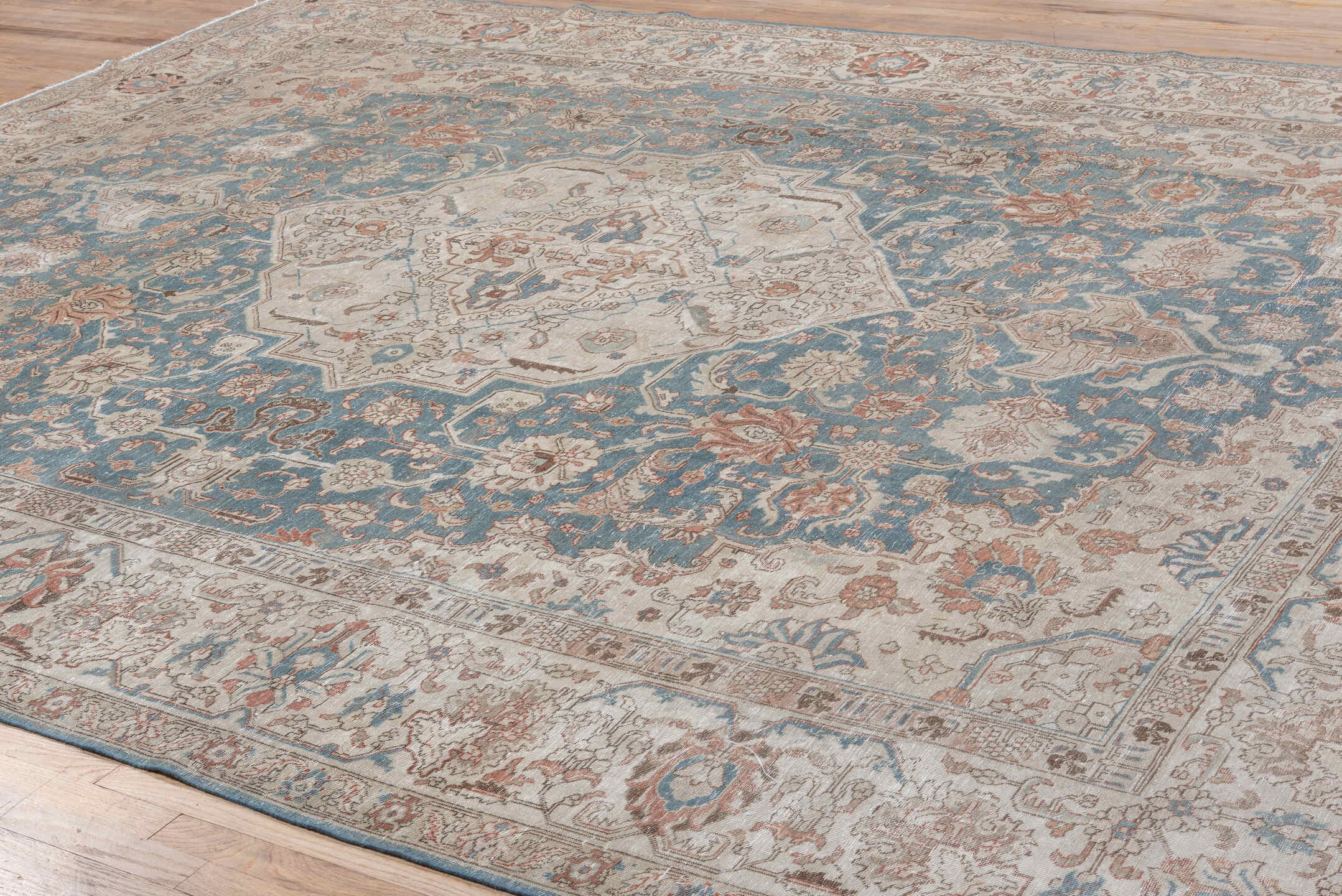 10' x 12' one-of-a-kind handmade vintage Tabriz large size rug. Color palette: ivory, teal, taupe, camel, rose, slate, brown