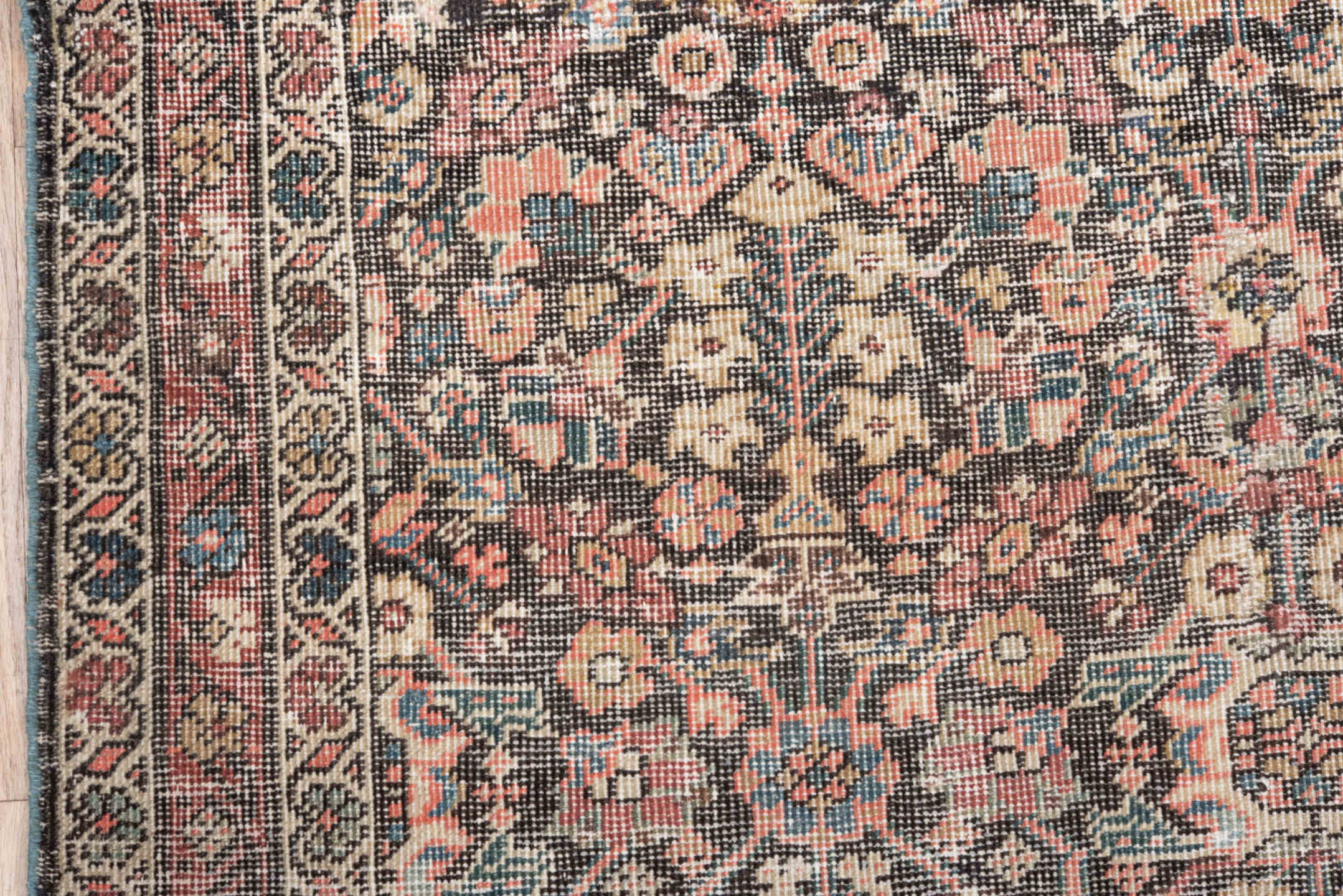 4' x 6' one-of-a-kind handmade antique Farahan small size rug. Color palette: ivory, charcoal, rose, coral, slate, sky blue