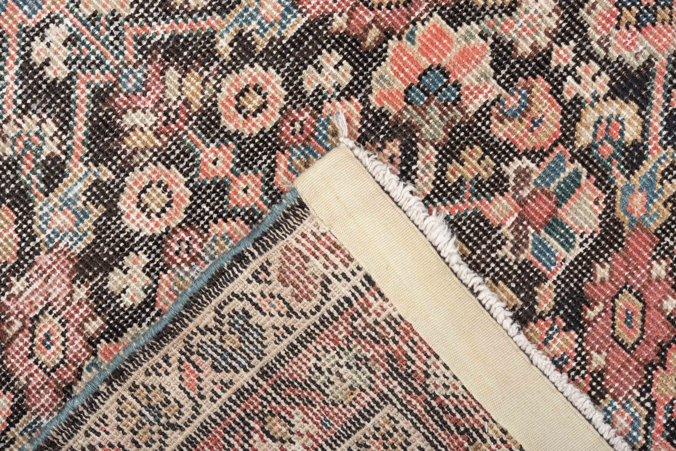 4' x 6' one-of-a-kind handmade antique Farahan small size rug. Color palette: ivory, charcoal, rose, coral, slate, sky blue