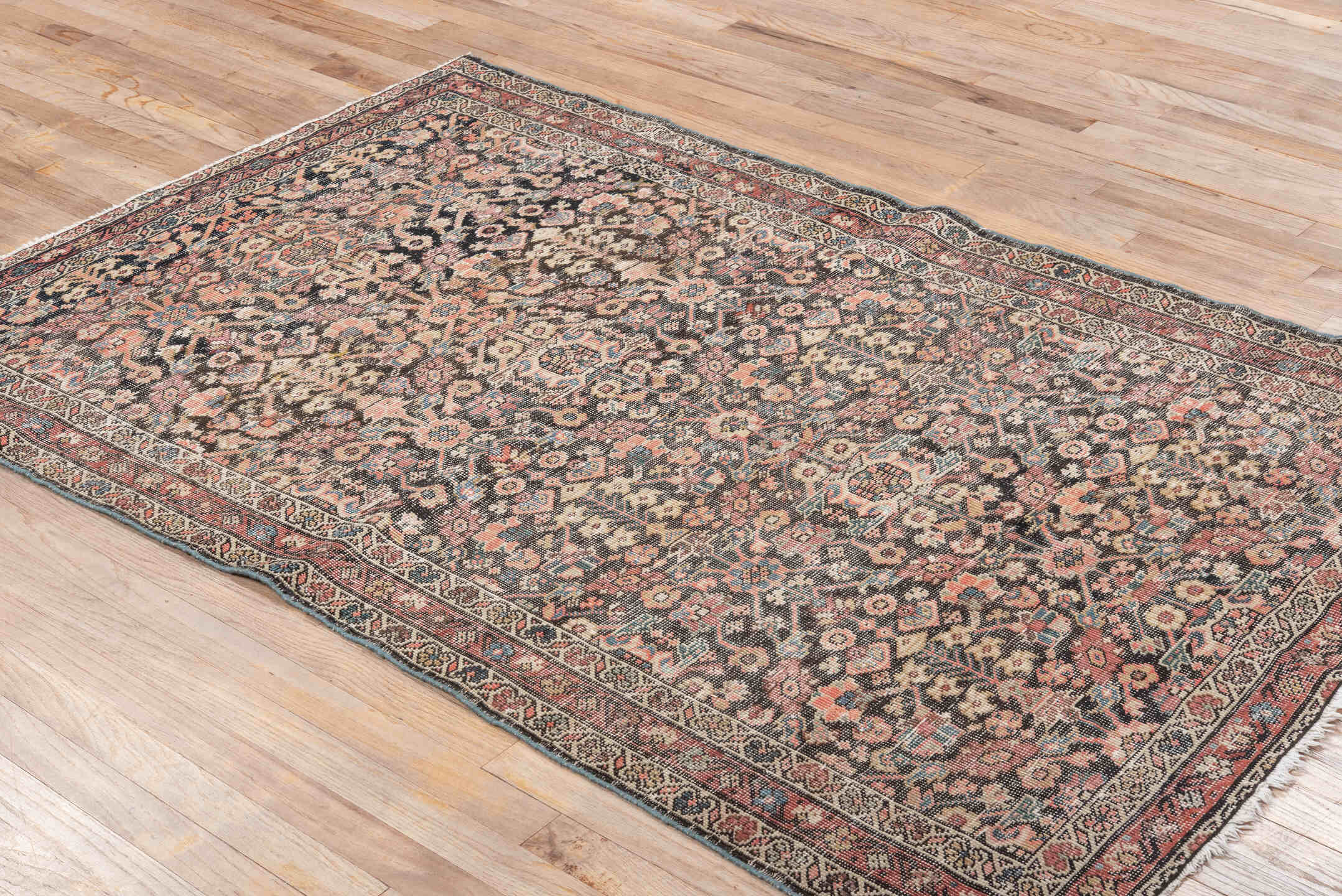 4' x 6' one-of-a-kind handmade antique Farahan small size rug. Color palette: ivory, charcoal, rose, coral, slate, sky blue