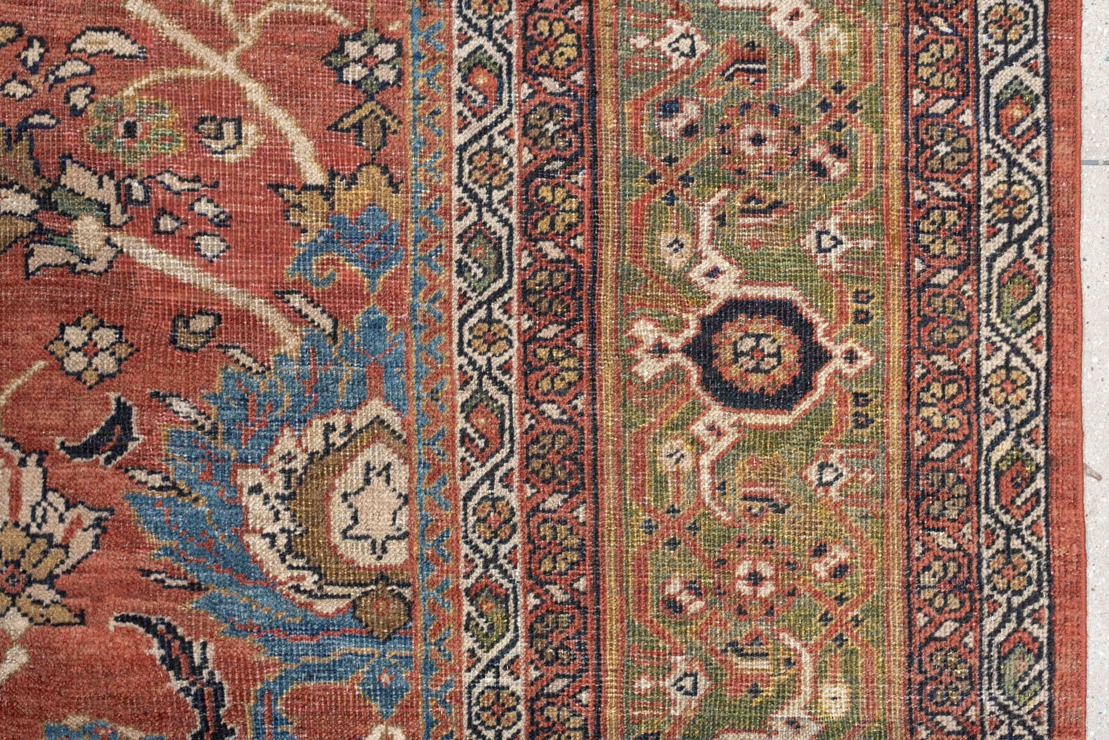 8' x 12' one-of-a-kind handmade vintage Sultanabad large size rug. Color palette: terracotta, sage, ivory, gold, navy