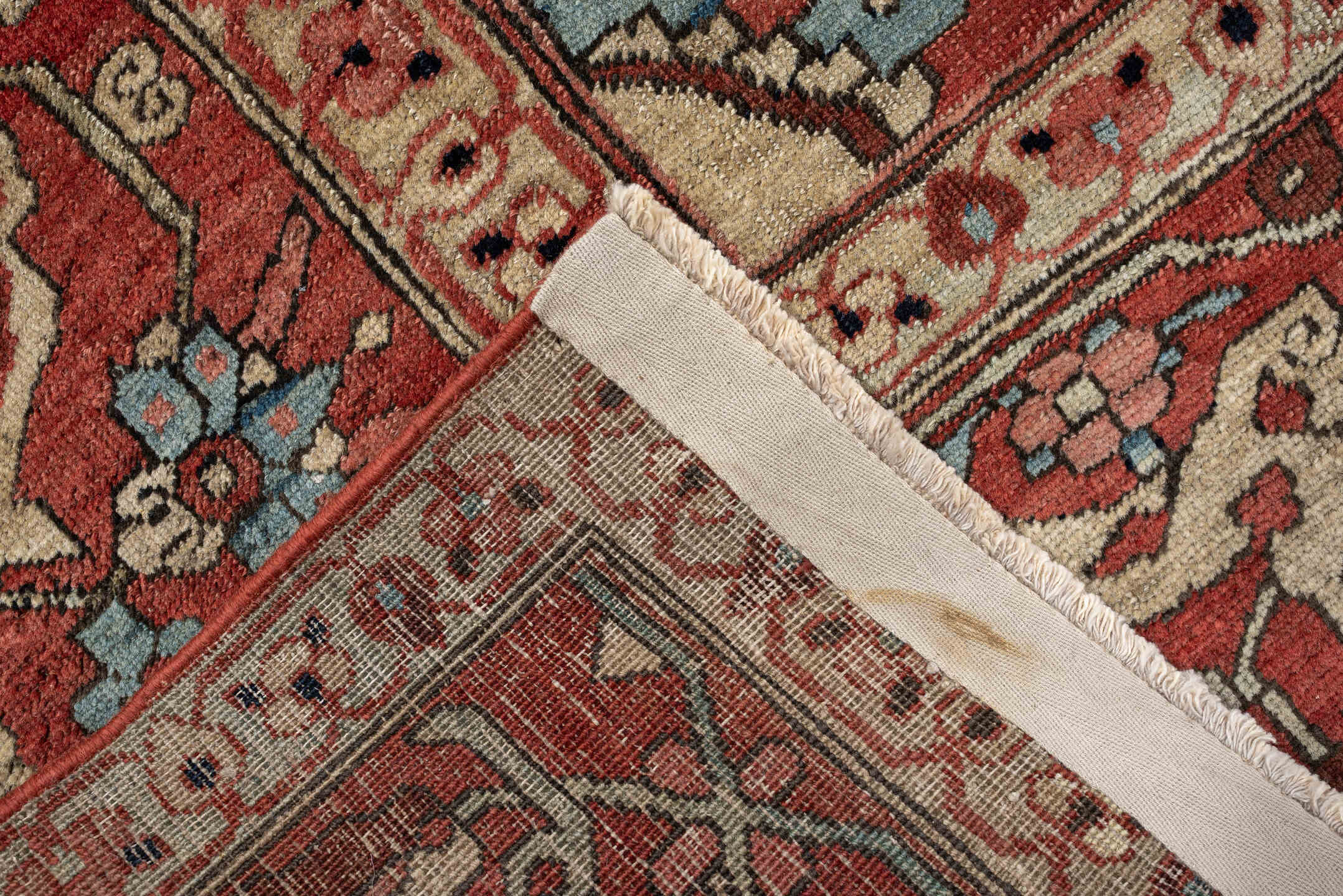 9' x 12' one-of-a-kind handmade vintage Serapi large size rug. Color palette: ivory, terracotta, rose, deep blue, rust