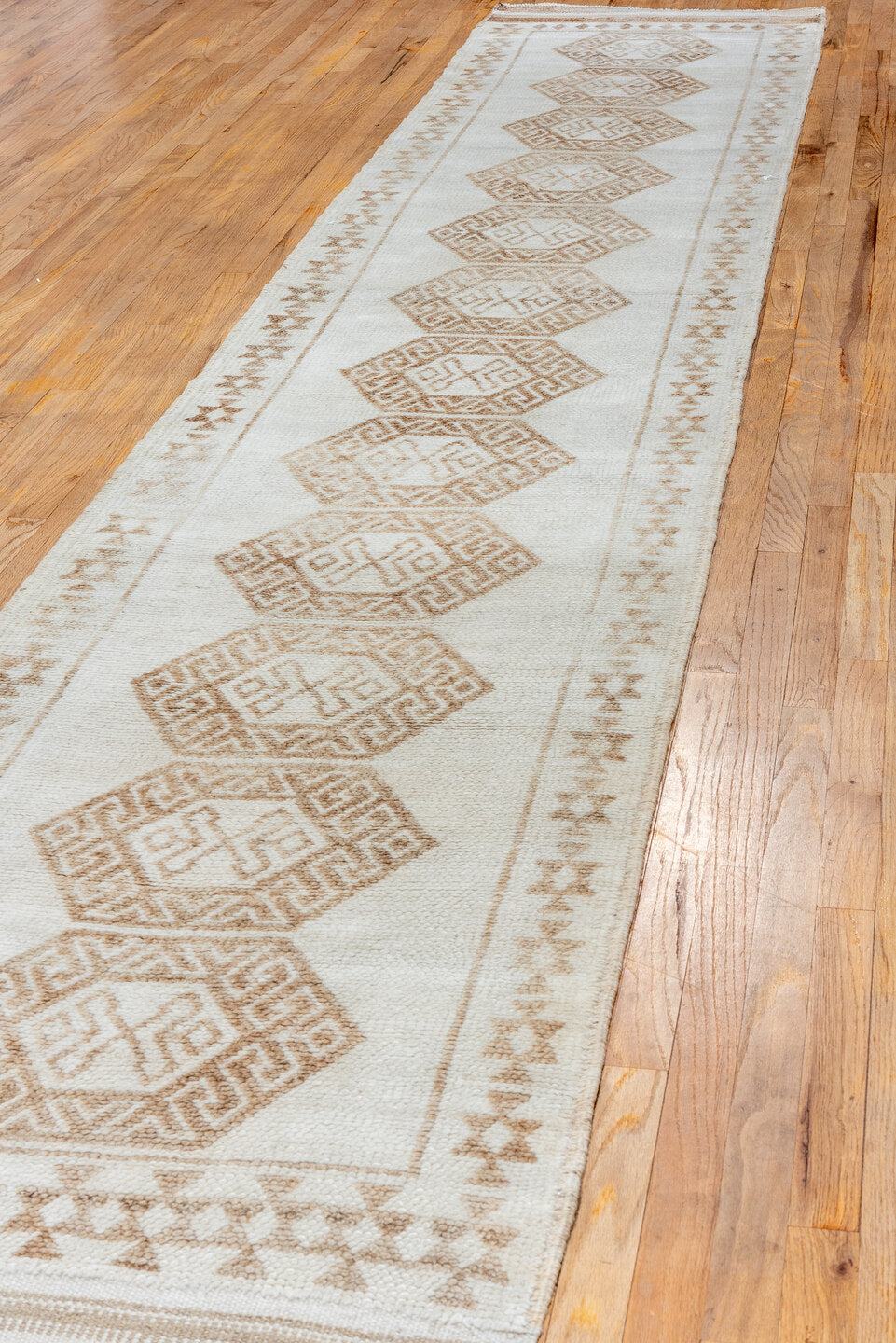 2' x 15' one-of-a-kind handmade vintage Kars runner rug. Color palette: brown, gainsboro, gray, light gray, linen, off-white