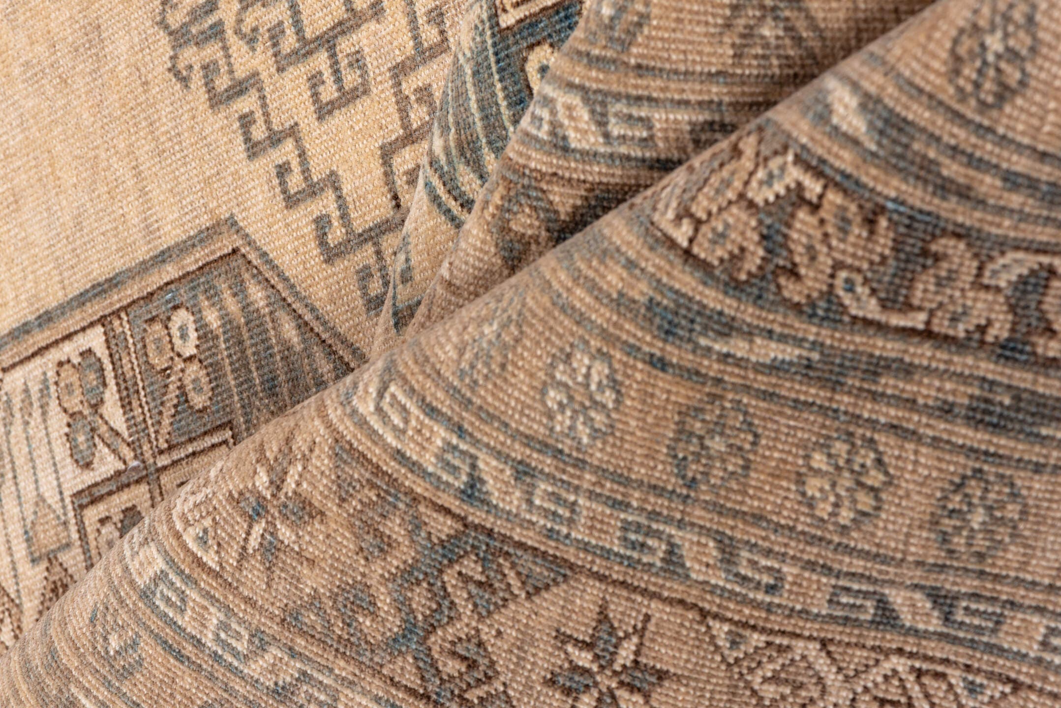 10' x 13' one-of-a-kind handmade vintage Afghan large size rug. Color palette: camel, taupe, brown, ivory, charcoal, beige