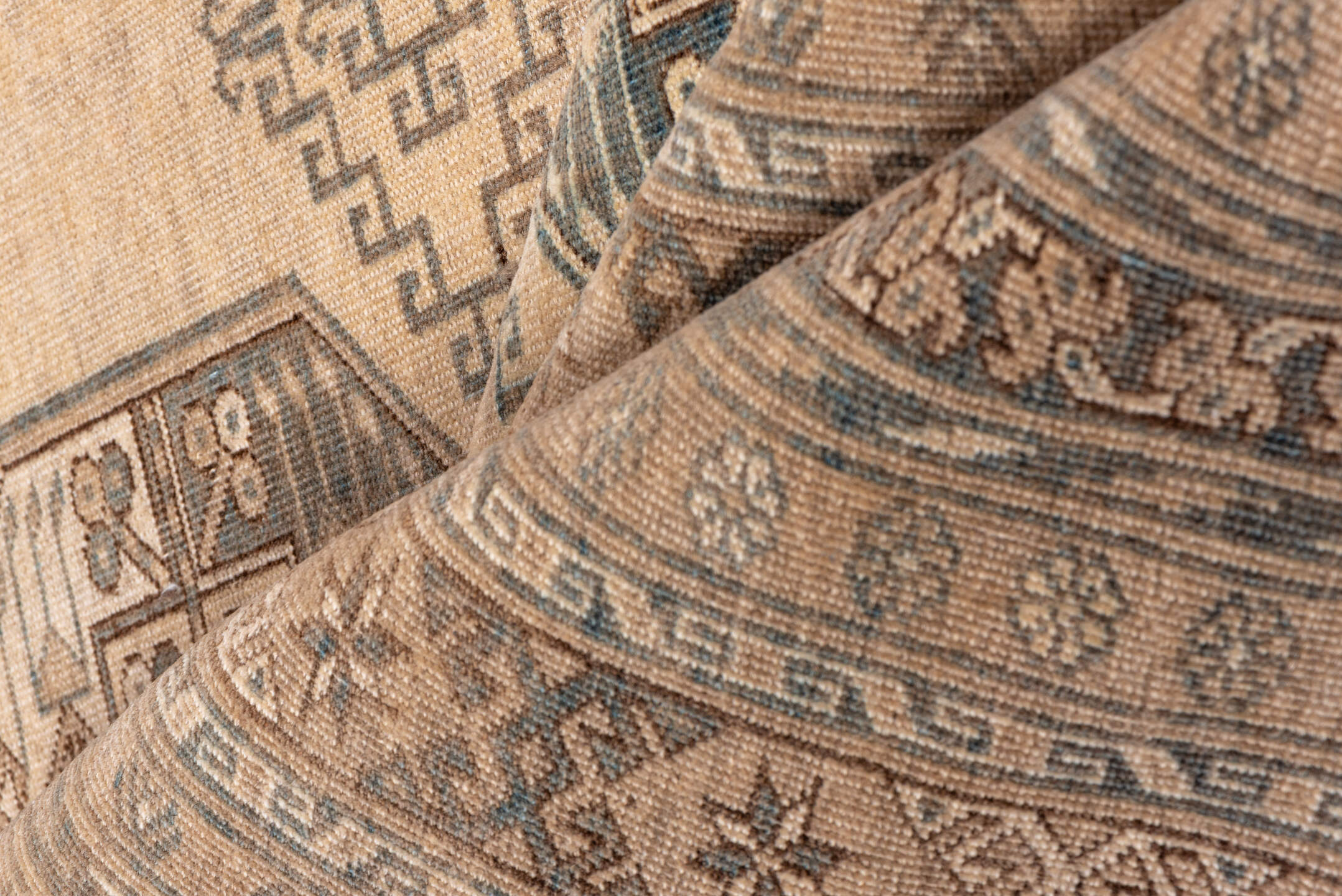 10' x 13' one-of-a-kind handmade vintage Afghan large size rug. Color palette: camel, taupe, brown, ivory, charcoal, beige