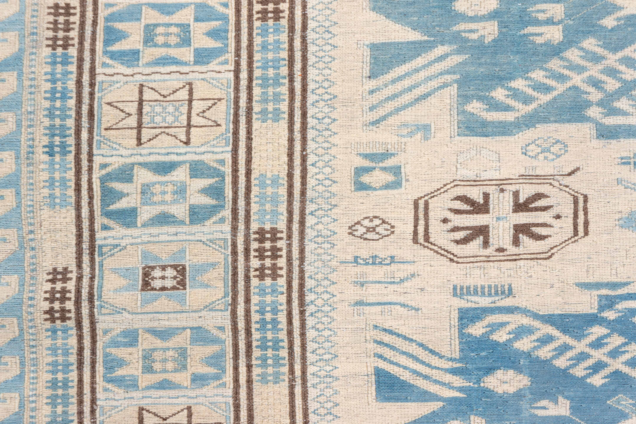 7' x 7' one-of-a-kind handmade vintage Sumak rug. Color palette: ivory, sky blue, taupe, brown, light blue, beige, gray