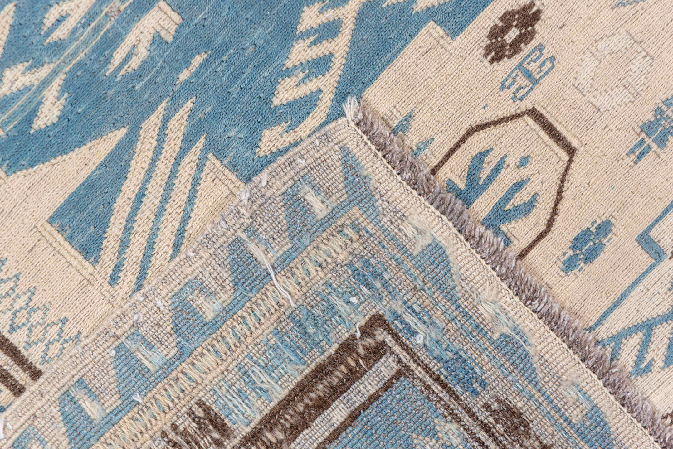 7' x 7' one-of-a-kind handmade vintage Sumak rug. Color palette: ivory, sky blue, taupe, brown, light blue, beige, gray