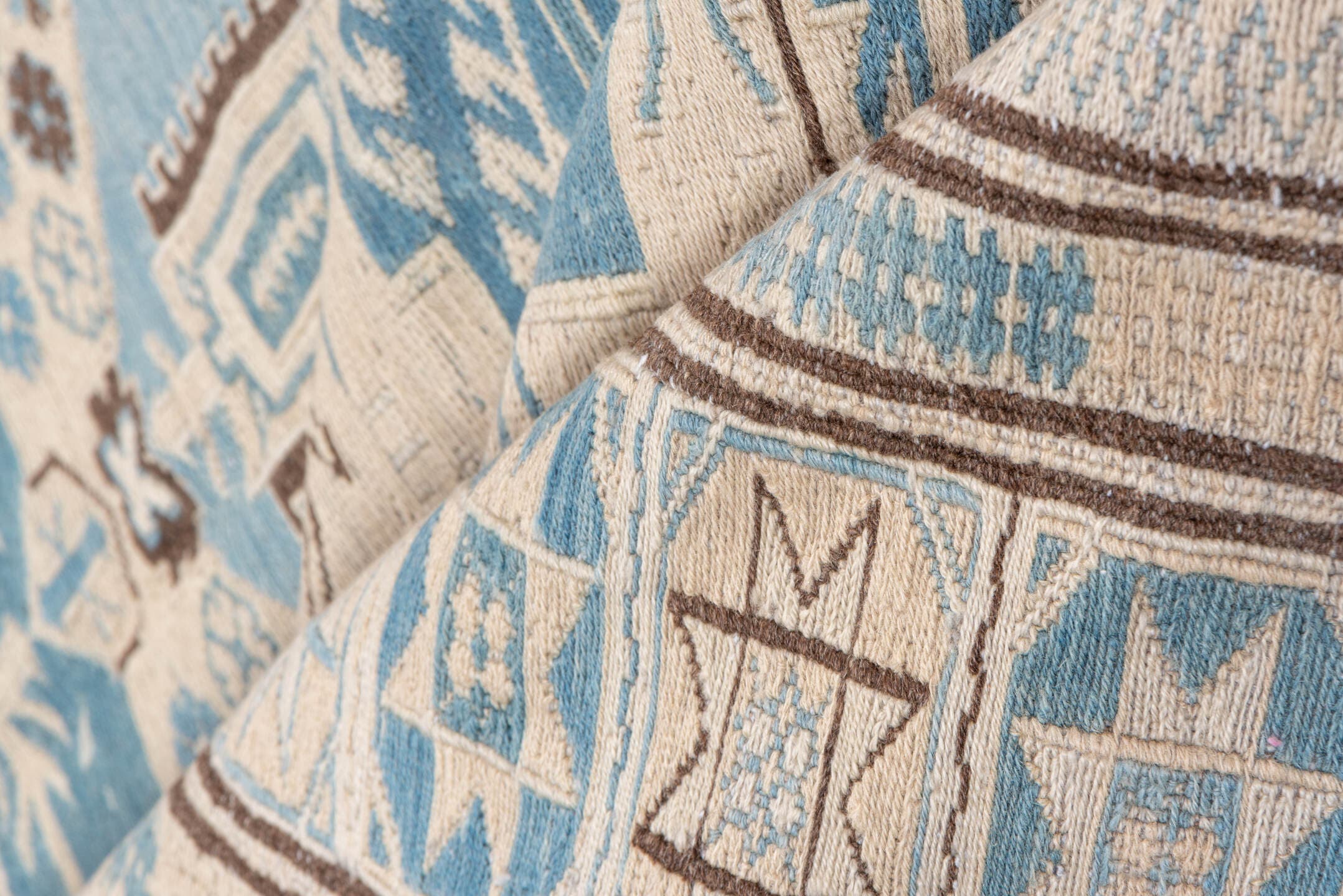 7' x 7' one-of-a-kind handmade vintage Sumak rug. Color palette: ivory, sky blue, taupe, brown, light blue, beige, gray