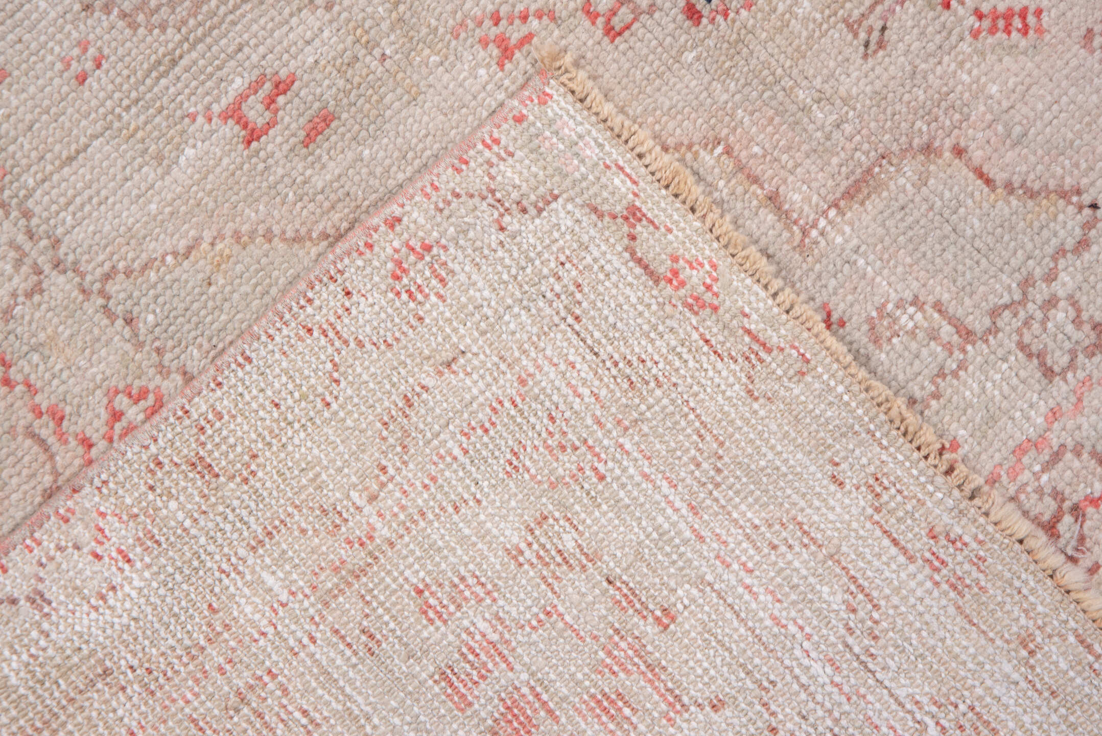 10' x 14' one-of-a-kind handmade vintage Oushak large size rug. Color palette: coral, ivory, blush, rose, taupe, terracotta