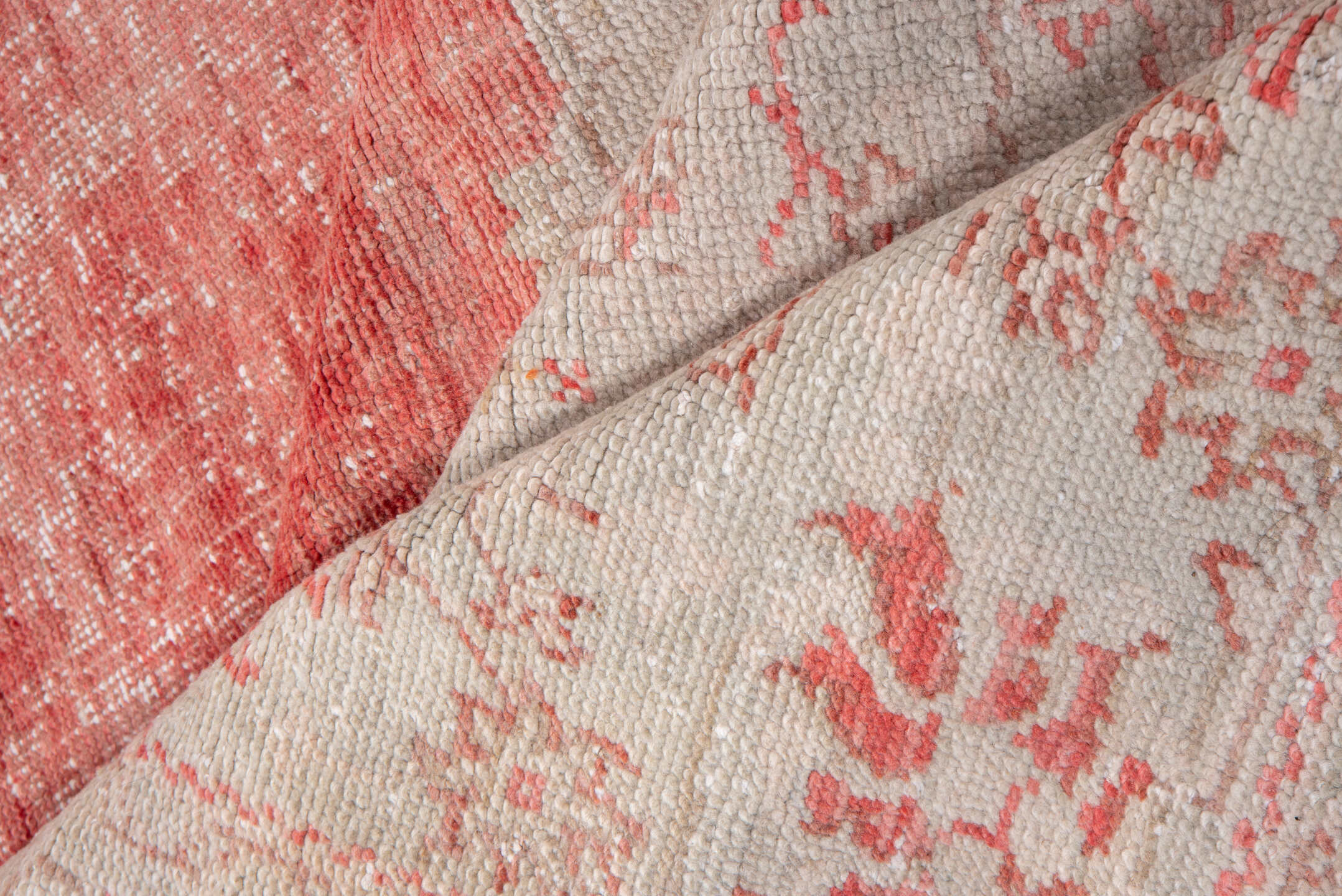 10' x 14' one-of-a-kind handmade vintage Oushak large size rug. Color palette: coral, ivory, blush, rose, taupe, terracotta