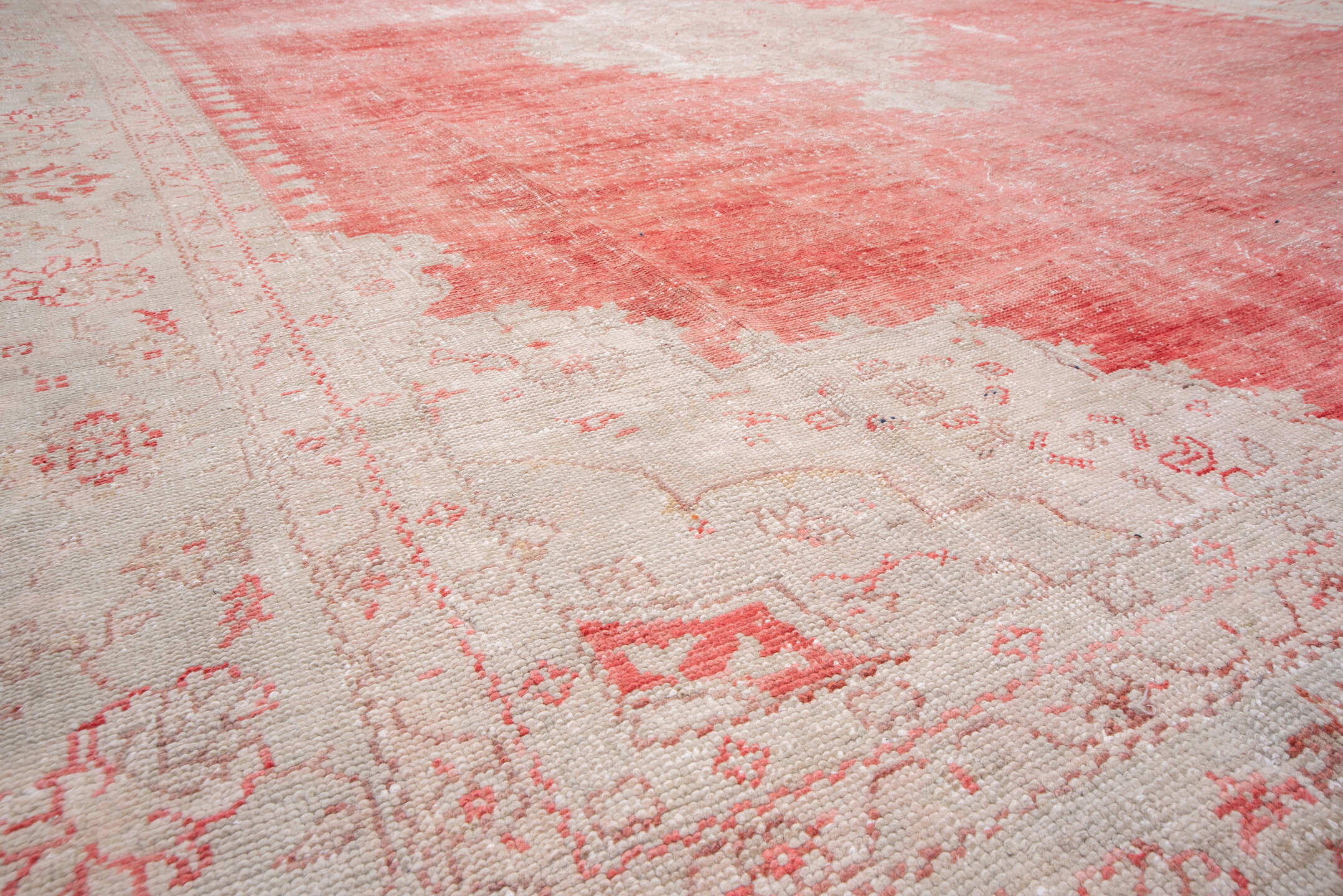 10' x 14' one-of-a-kind handmade vintage Oushak large size rug. Color palette: coral, ivory, blush, rose, taupe, terracotta