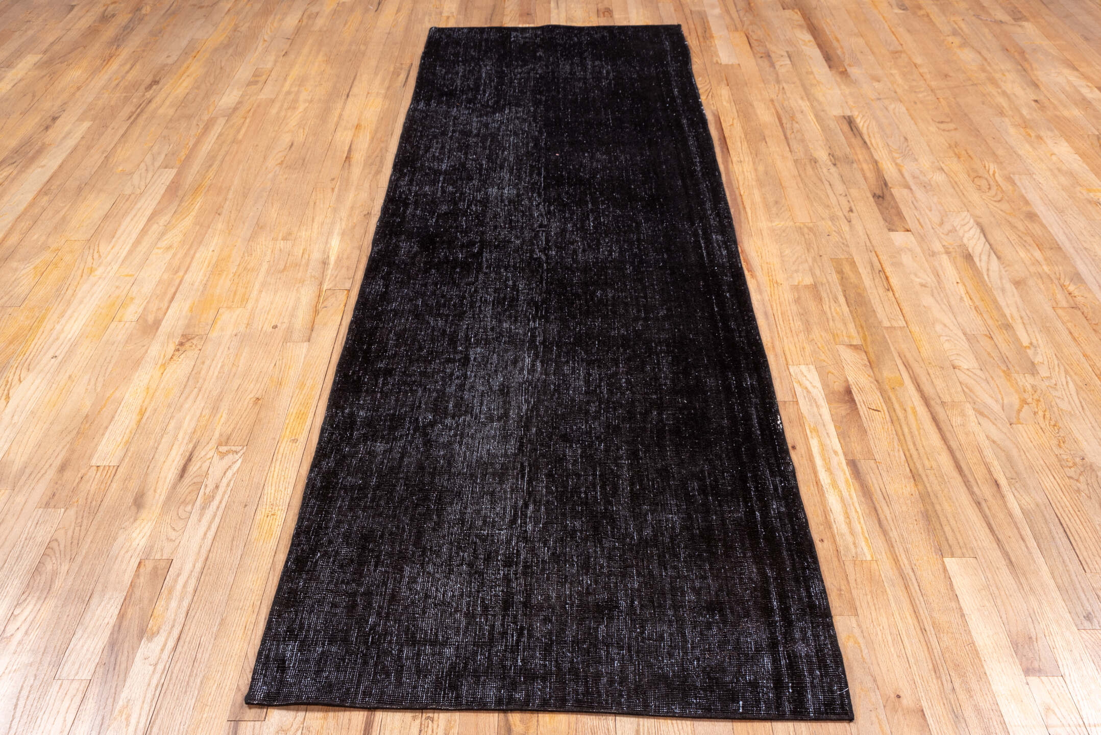 3' x 9' one-of-a-kind handmade vintage Overdyed runner rug. Color palette: black, charcoal, gray, off-white, snow, white
