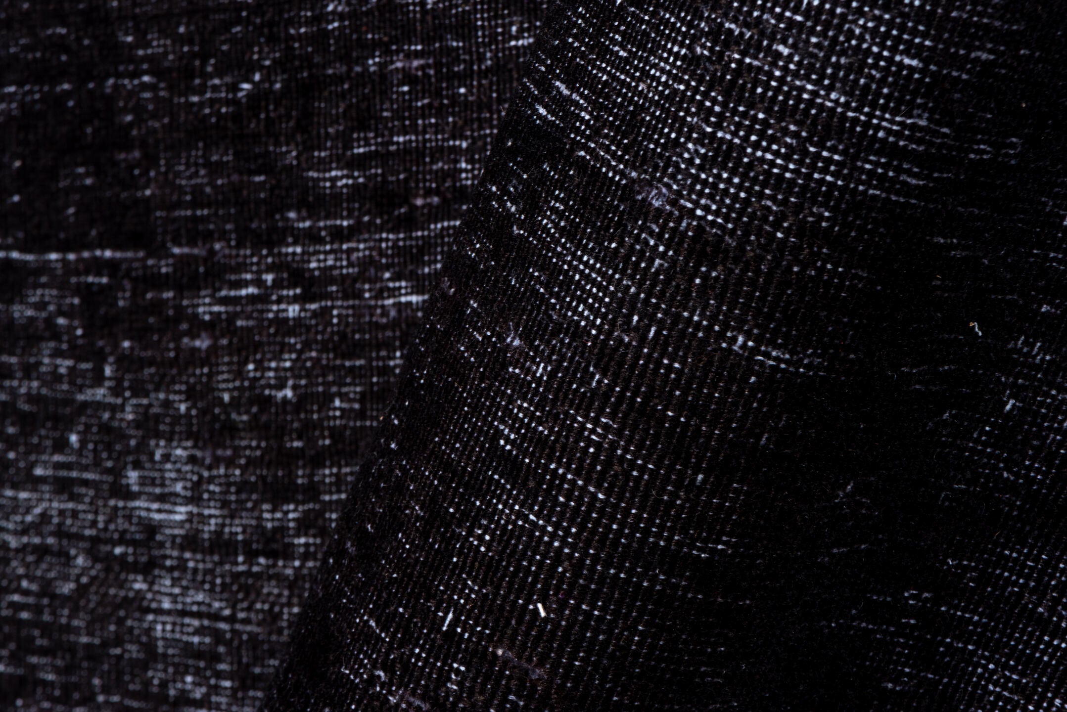 3' x 9' one-of-a-kind handmade vintage Overdyed runner rug. Color palette: black, charcoal, gray, off-white, snow, white