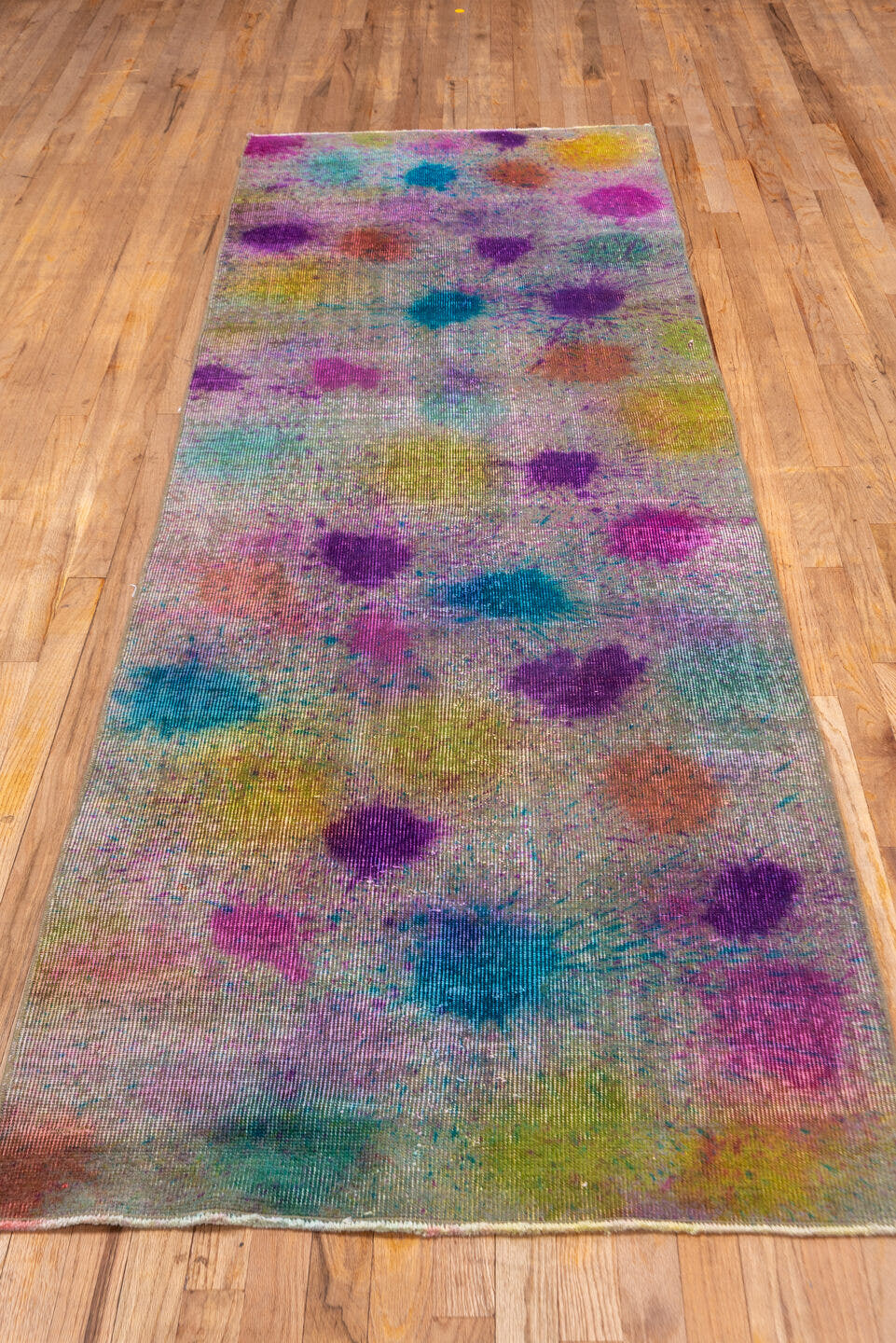 3' x 10' one-of-a-kind handmade vintage Overdyed runner rug. Color palette: ivory, violet, magenta, turquoise, gold