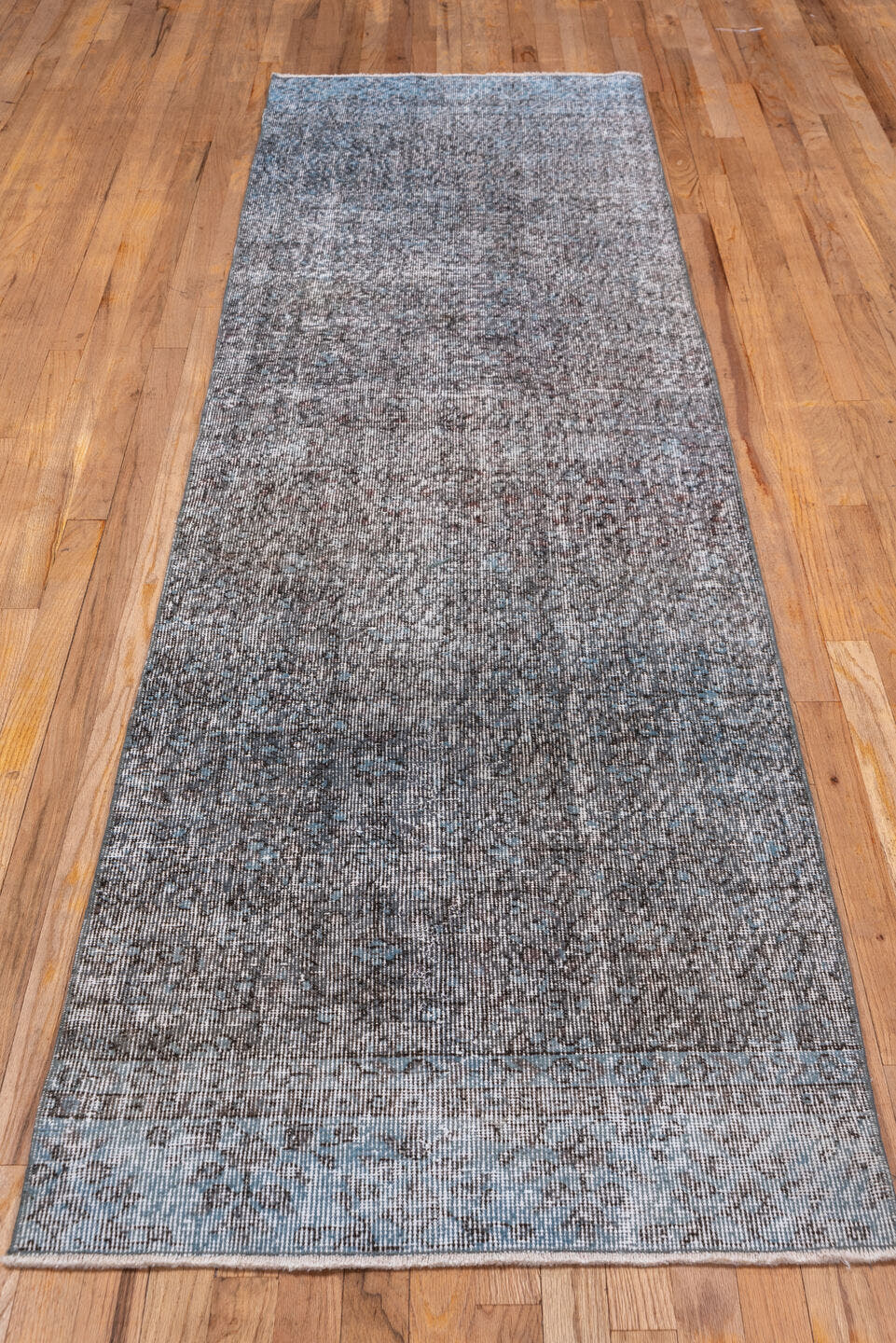 2' x 9' one-of-a-kind handmade vintage Overdyed runner rug. Color palette: taupe, gray, ivory, charcoal, beige, black