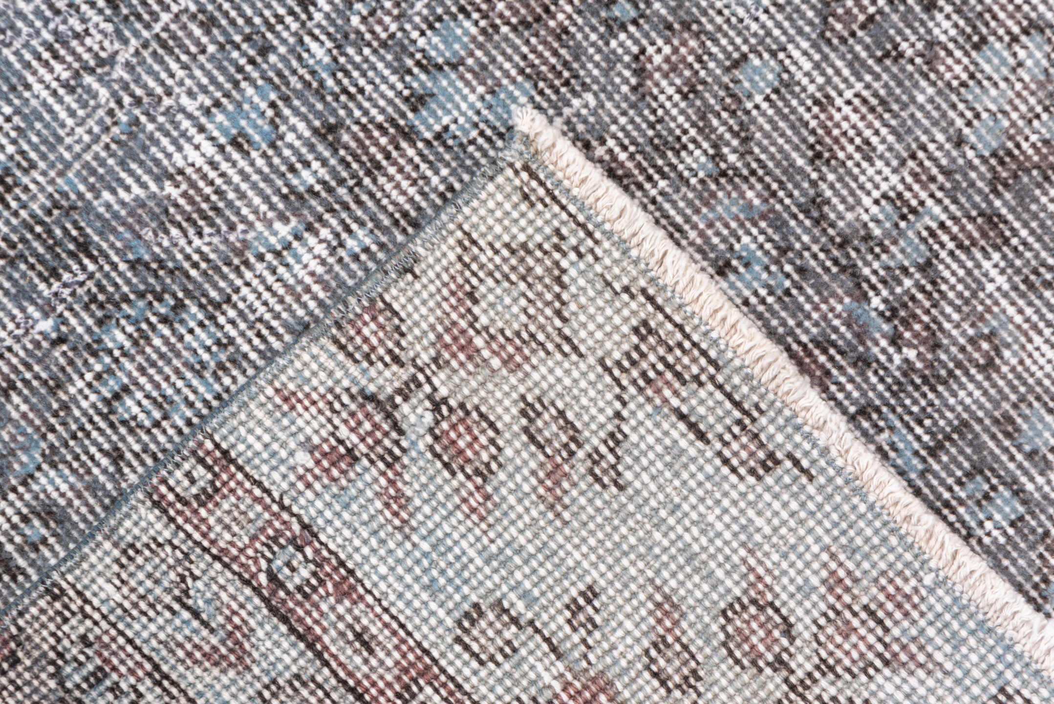 2' x 9' one-of-a-kind handmade vintage Overdyed runner rug. Color palette: taupe, gray, ivory, charcoal, beige, black
