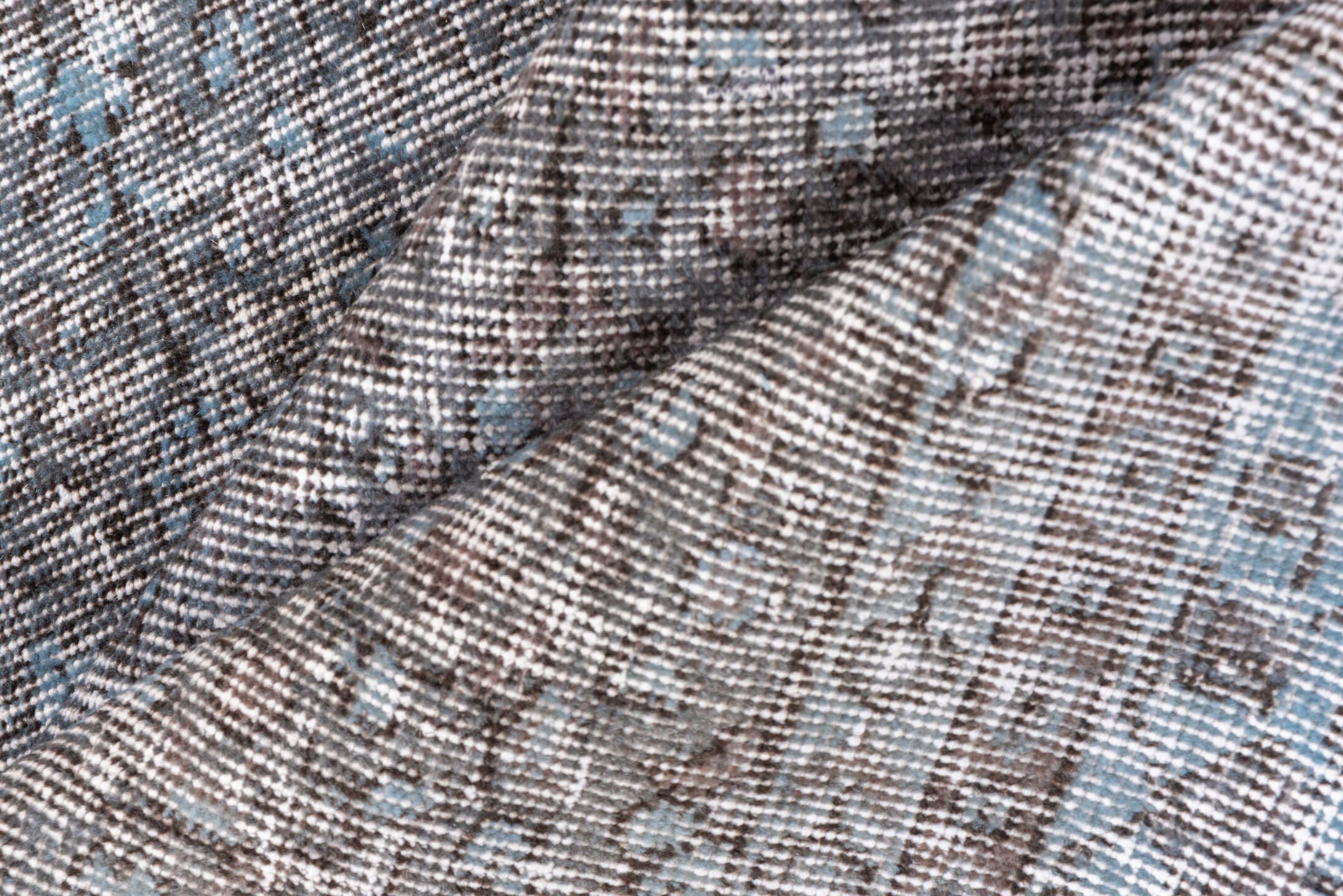 2' x 9' one-of-a-kind handmade vintage Overdyed runner rug. Color palette: taupe, gray, ivory, charcoal, beige, black