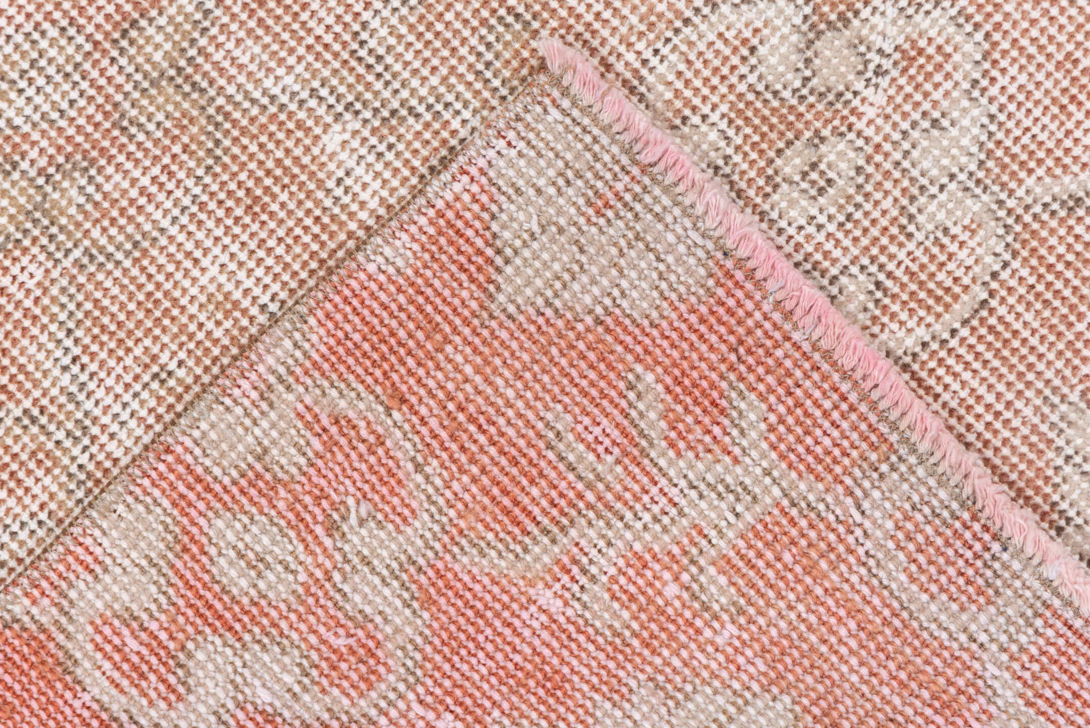 2' x 9' one-of-a-kind handmade vintage Oushak runner rug. Color palette: brown, gray, light gray, misty rose, off-white