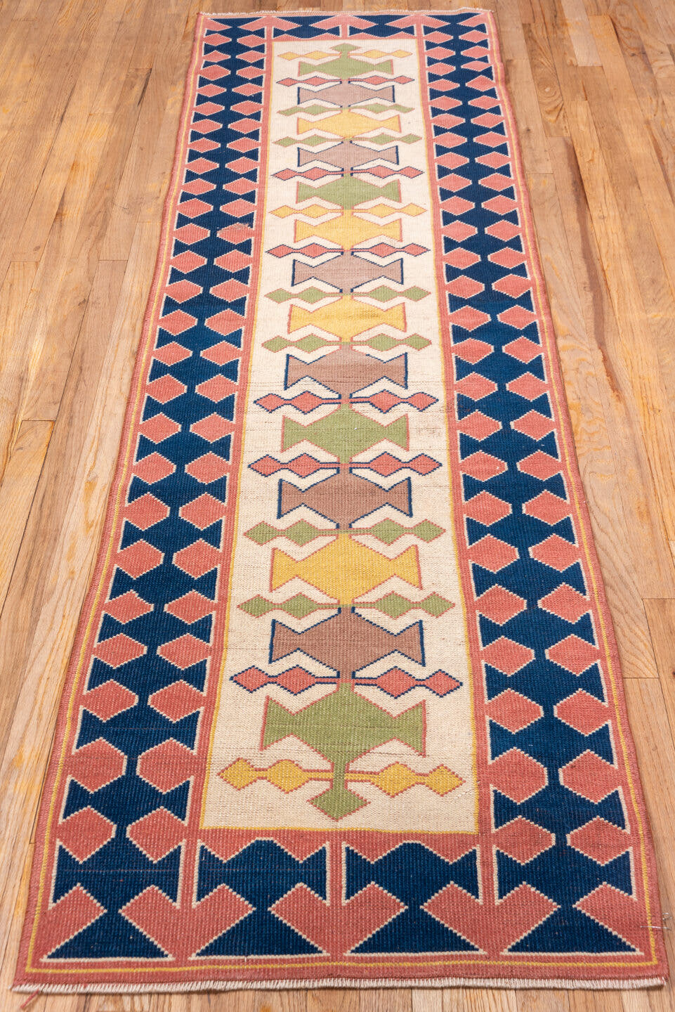 2' x 9' one-of-a-kind handmade vintage Oushak runner rug. Color palette: ivory, navy, rose, sage, gold, taupe, blue, pink