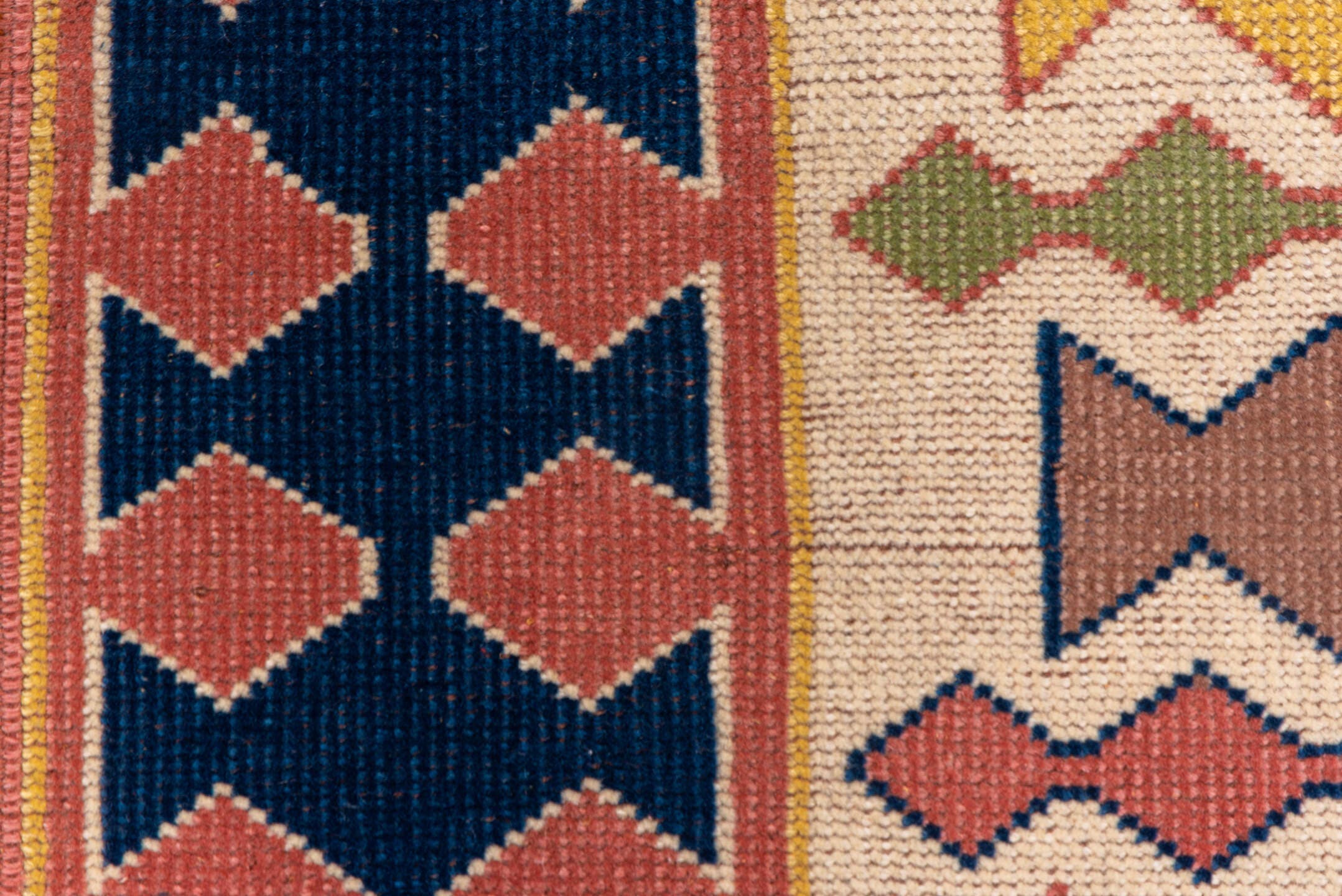 2' x 9' one-of-a-kind handmade vintage Oushak runner rug. Color palette: ivory, navy, rose, sage, gold, taupe, blue, pink