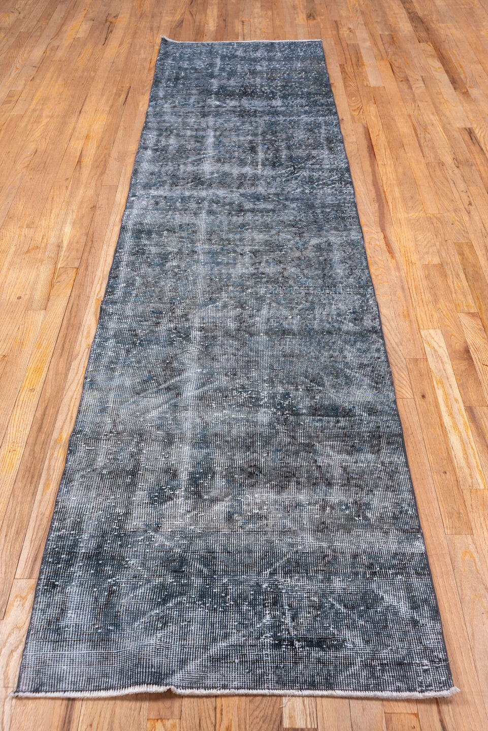 2' x 10' one-of-a-kind handmade vintage Overdyed runner rug. Color palette: gray, slate, charcoal, ivory, steel_blue, black