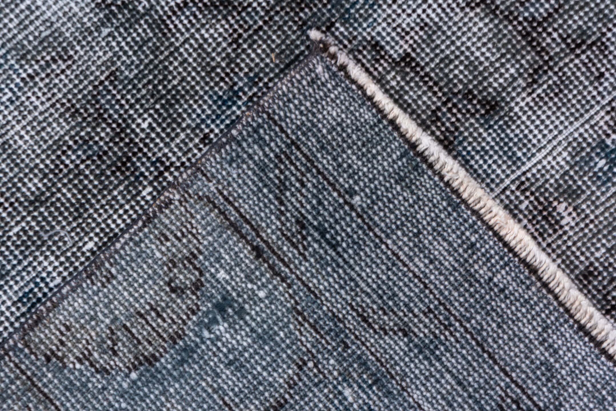 2' x 10' one-of-a-kind handmade vintage Overdyed runner rug. Color palette: gray, slate, charcoal, ivory, steel_blue, black