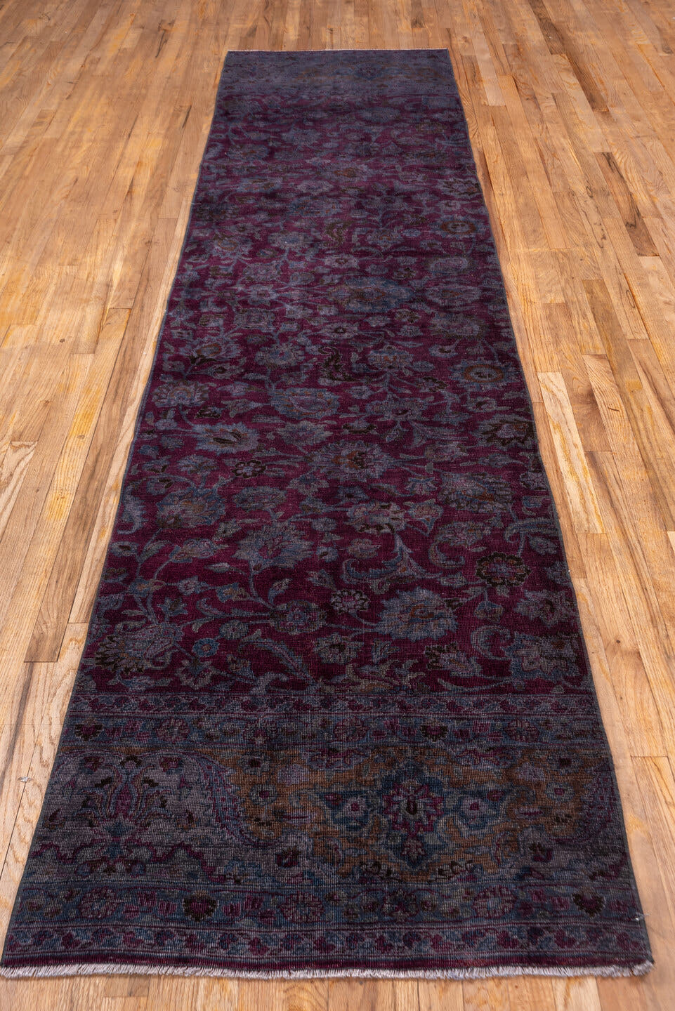 2' x 12' one-of-a-kind handmade vintage Overdyed runner rug. Color palette: magenta, plum, lavender, slate, burgundy