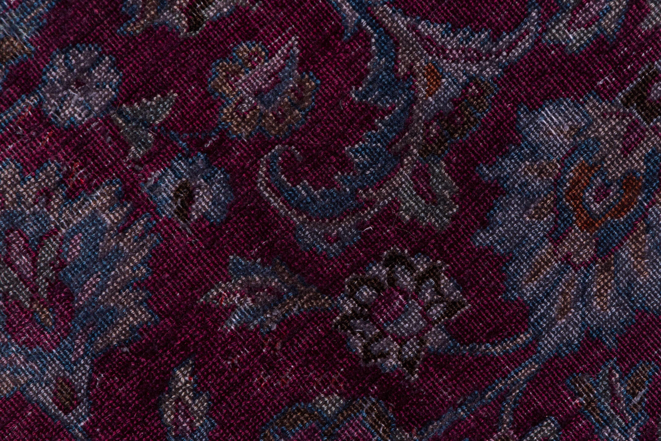 2' x 12' one-of-a-kind handmade vintage Overdyed runner rug. Color palette: magenta, plum, lavender, slate, burgundy