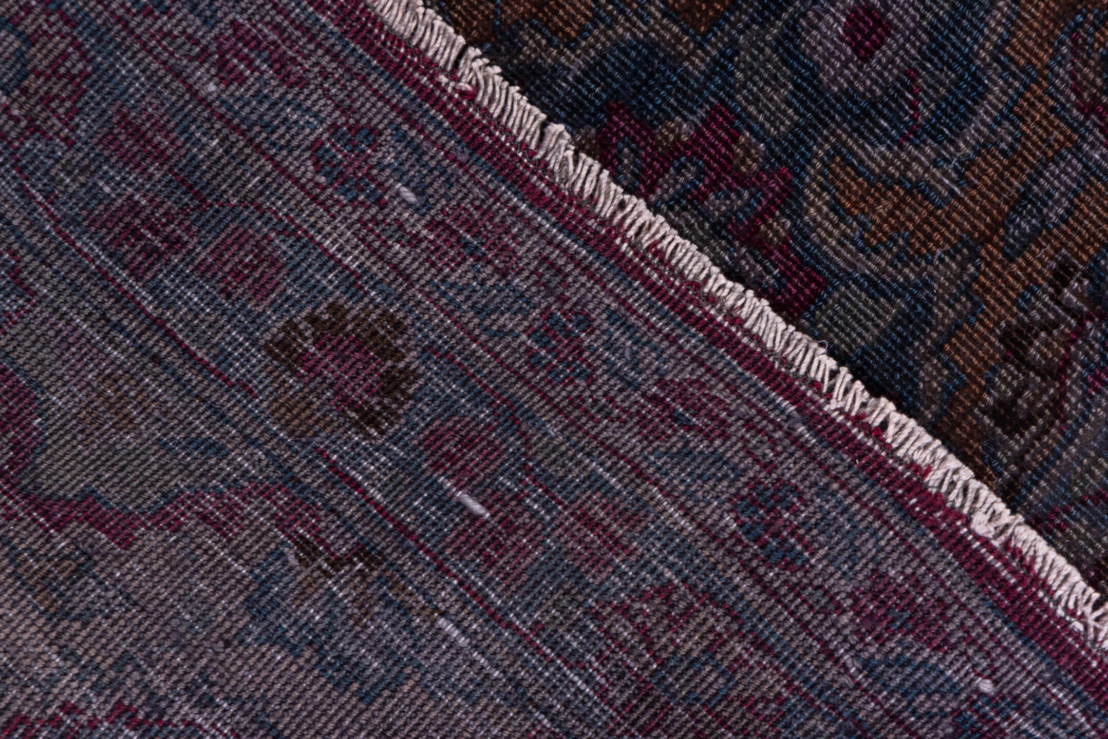 2' x 12' one-of-a-kind handmade vintage Overdyed runner rug. Color palette: magenta, plum, lavender, slate, burgundy