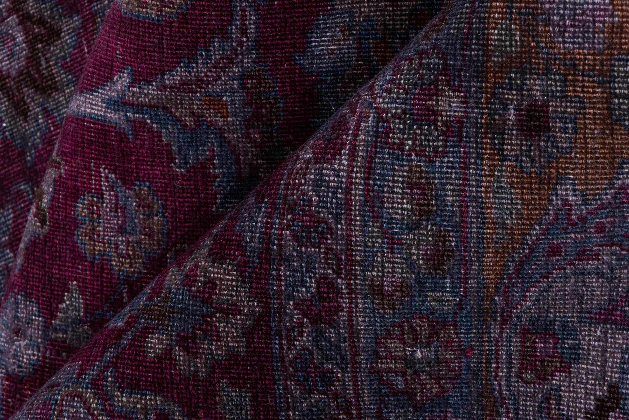 2' x 12' one-of-a-kind handmade vintage Overdyed runner rug. Color palette: magenta, plum, lavender, slate, burgundy