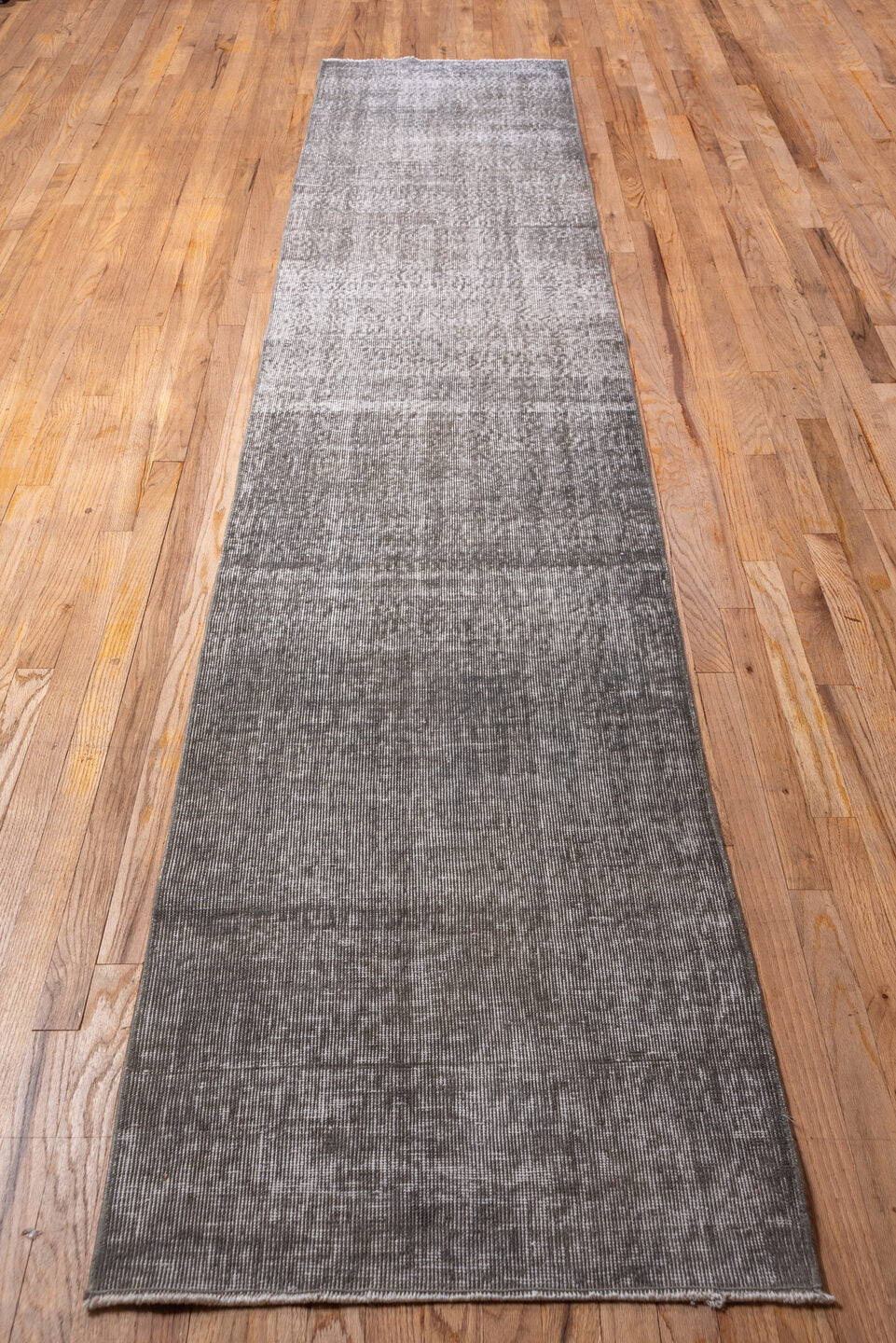 2' x 12' one-of-a-kind handmade vintage Overdyed runner rug. Color palette: taupe, ivory, gray, greige, beige