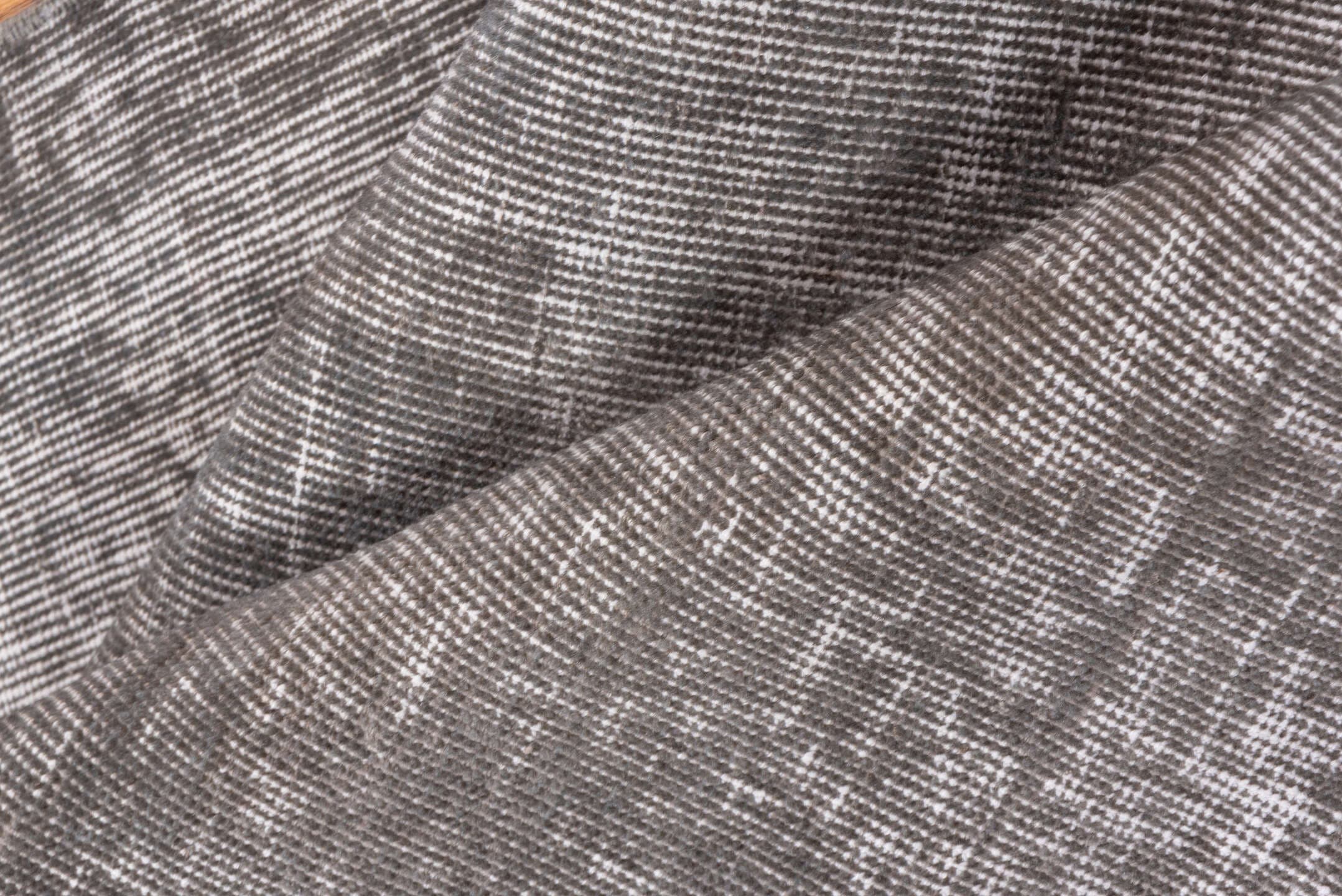 2' x 12' one-of-a-kind handmade vintage Overdyed runner rug. Color palette: taupe, ivory, gray, greige, beige