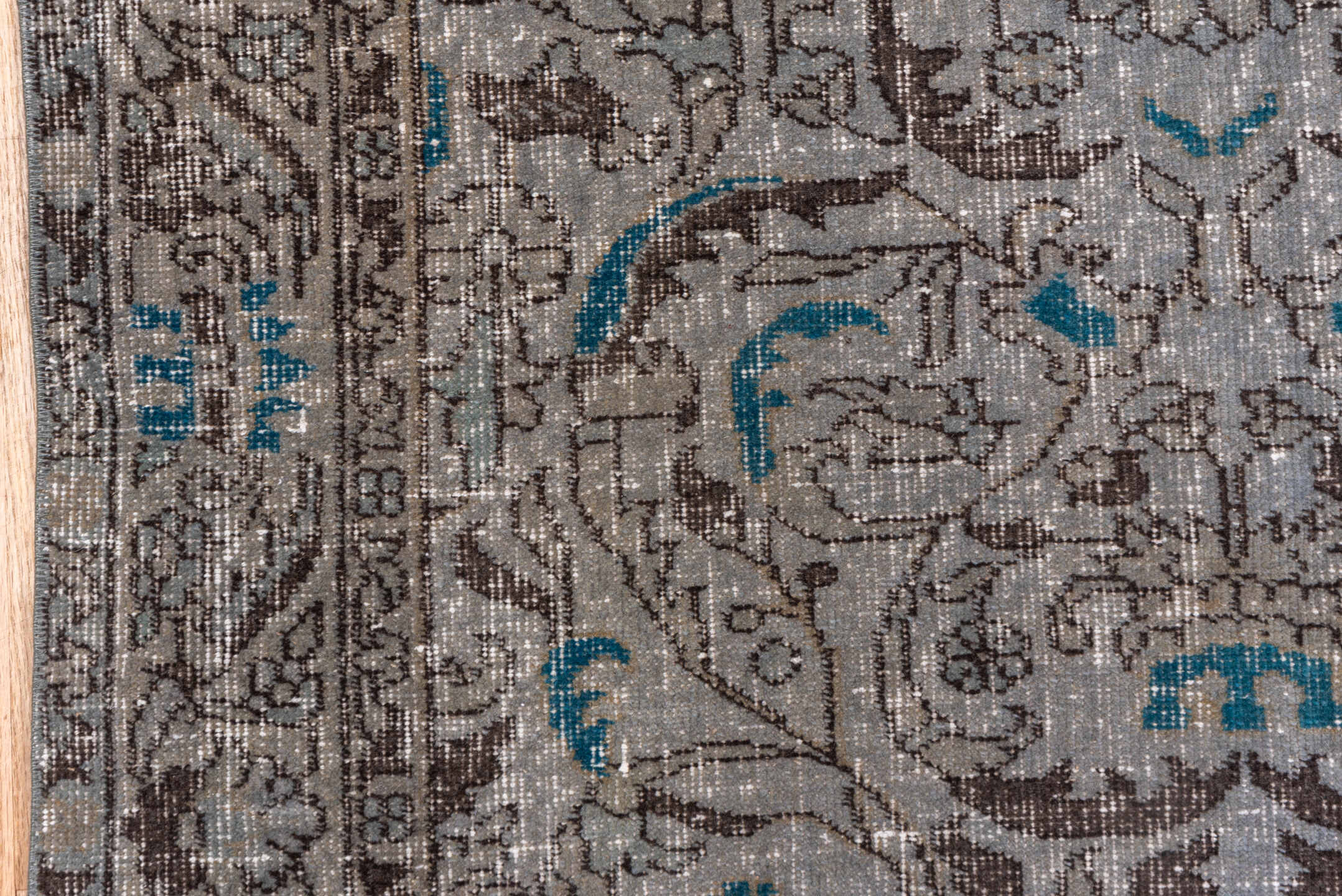 3' x 6' one-of-a-kind handmade vintage Overdyed small size rug. Color palette: blue, brown, gray, light gray, off-white