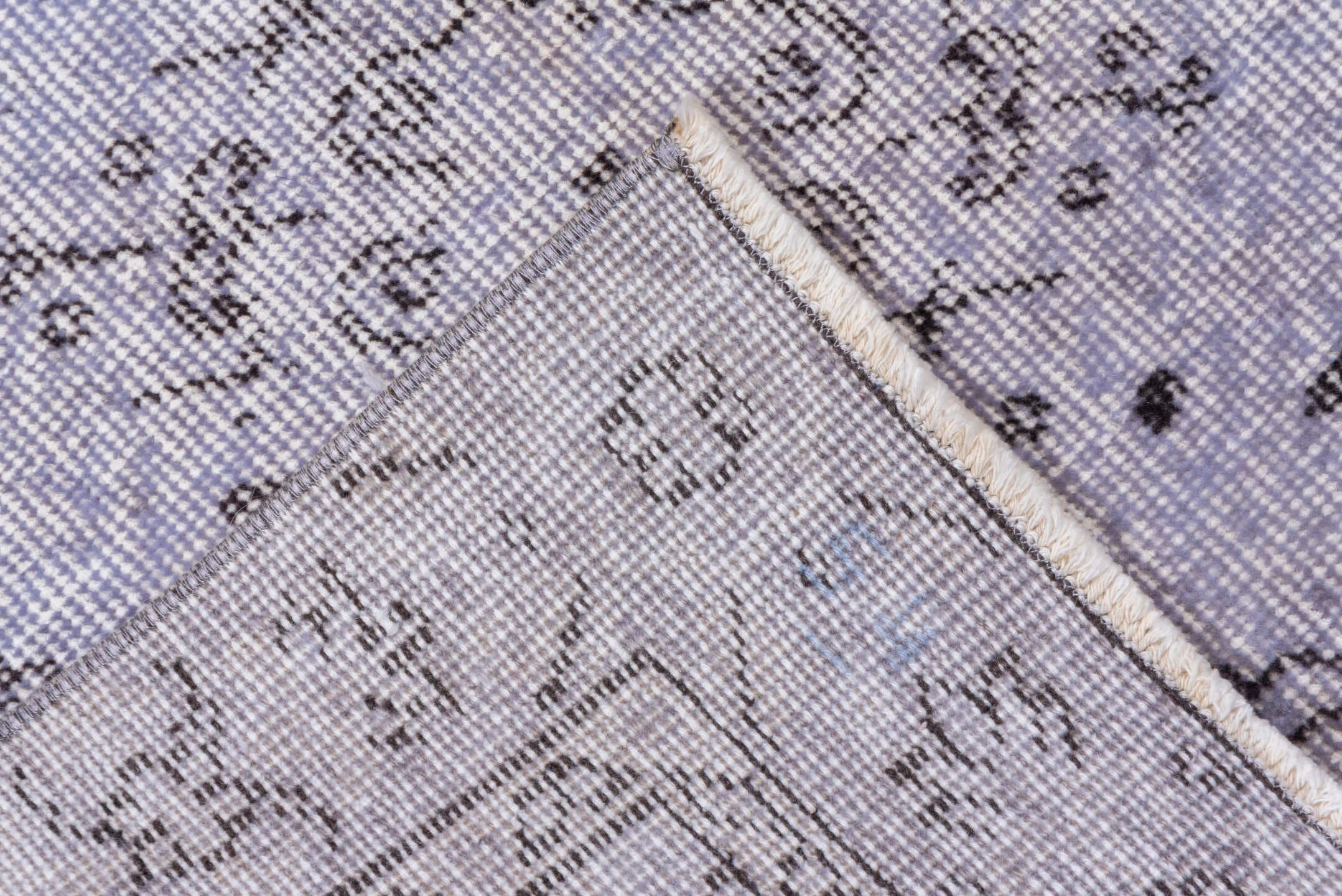 3' x 6' one-of-a-kind handmade vintage Overdyed runner rug. Color palette: lavender, ivory, taupe, dusty rose, light gray