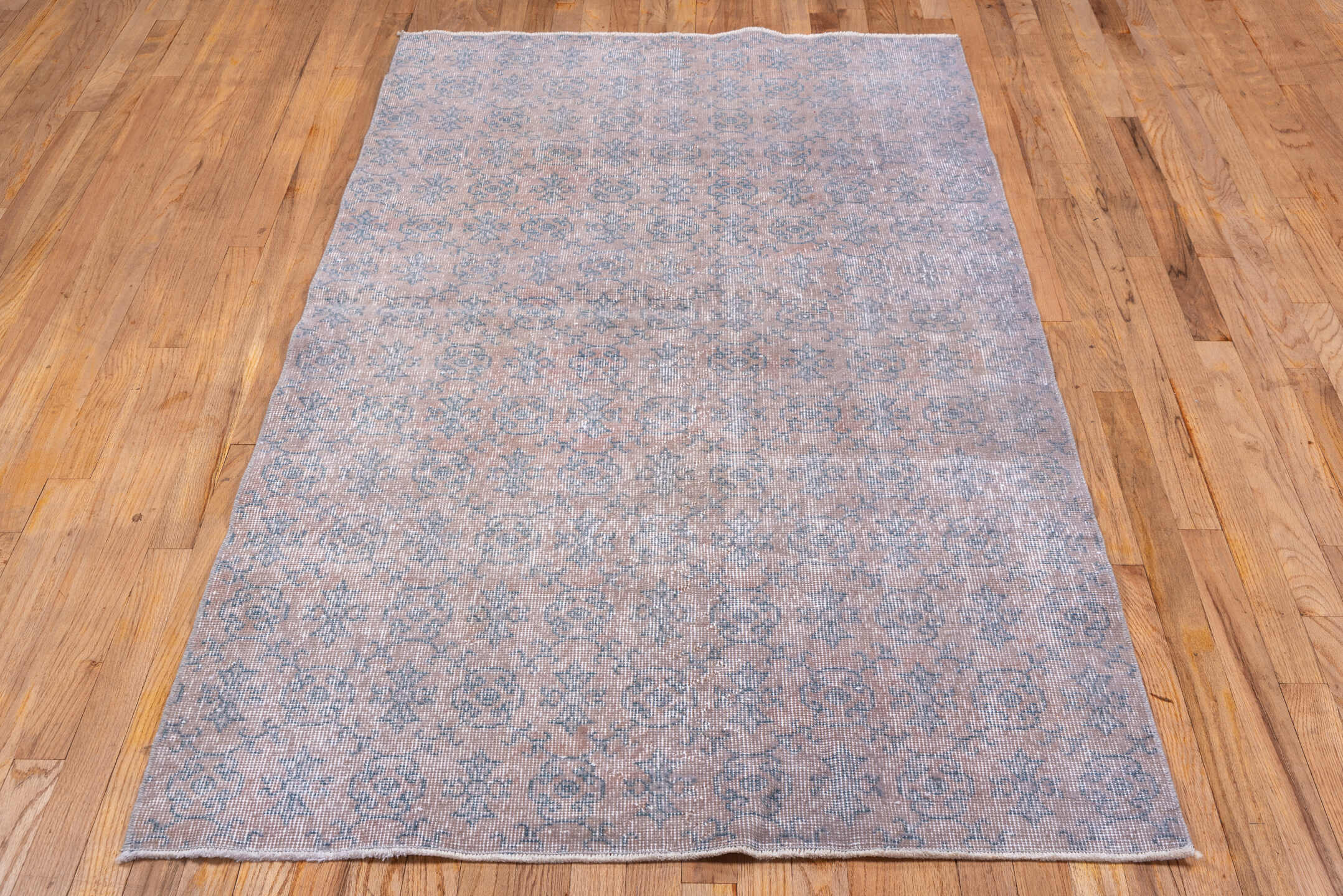 3' x 6' one-of-a-kind handmade vintage Overdyed small size rug. Color palette: blush, ivory, gray, taupe, pink, beige